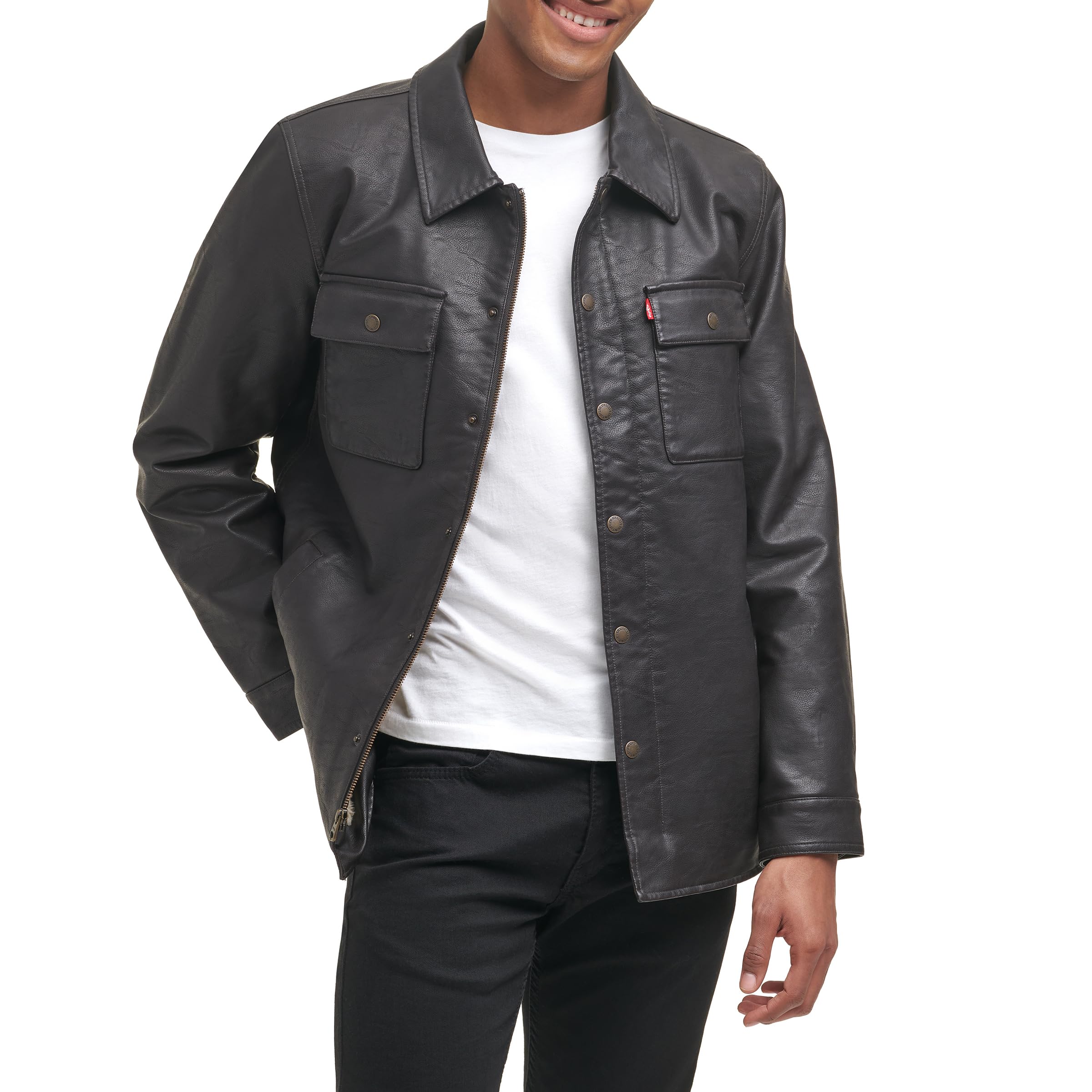 Levi's Mens Buffed Cow Faux Leather Hooded Trucker Jacket Faux Leather Jackets S New Brown
