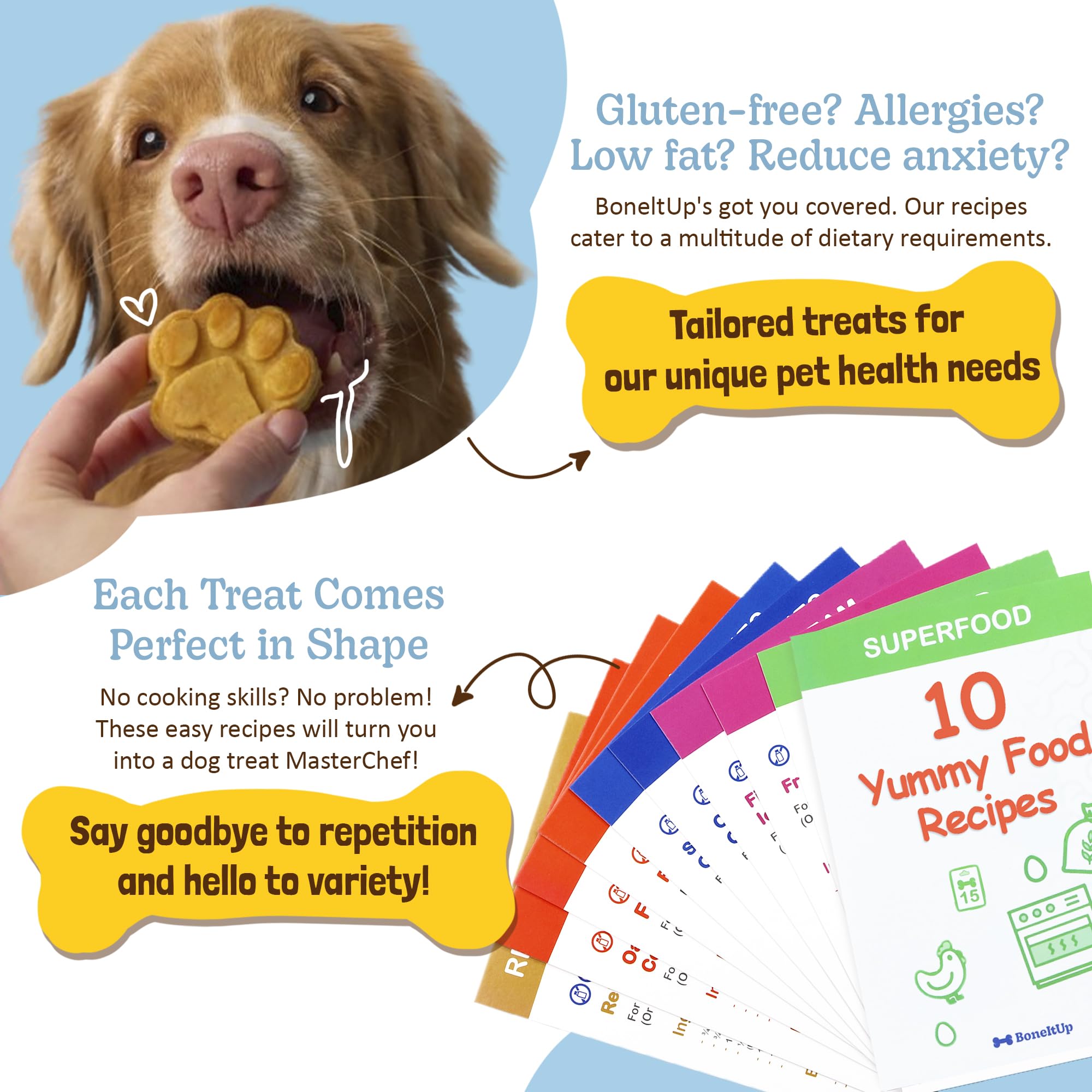 BoneItUp Kit de friandises pour chien fait maison – Kit de cuisson de friandises pour chien à faire soi-même avec moules, emporte-pièces, recettes et sacs cadeaux – Friandises de dressage biologiques