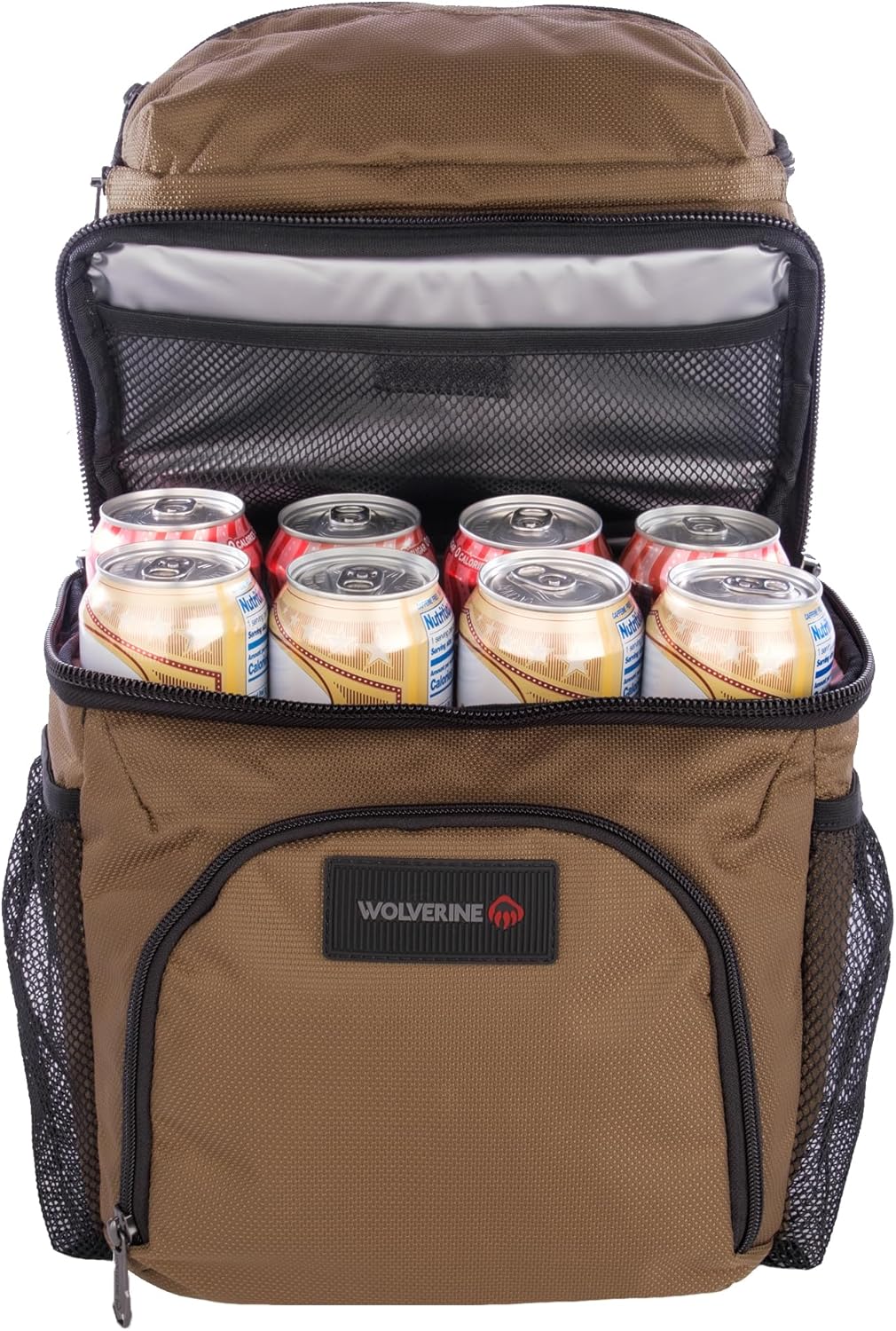 Wolverine 36 Can Cooler Backpack with Durable Nailhead Nylon, Dual Compartment Cooler & Dry Storage, Padded Mesh Back Panel, & Exterior Water Bottle Pockets
