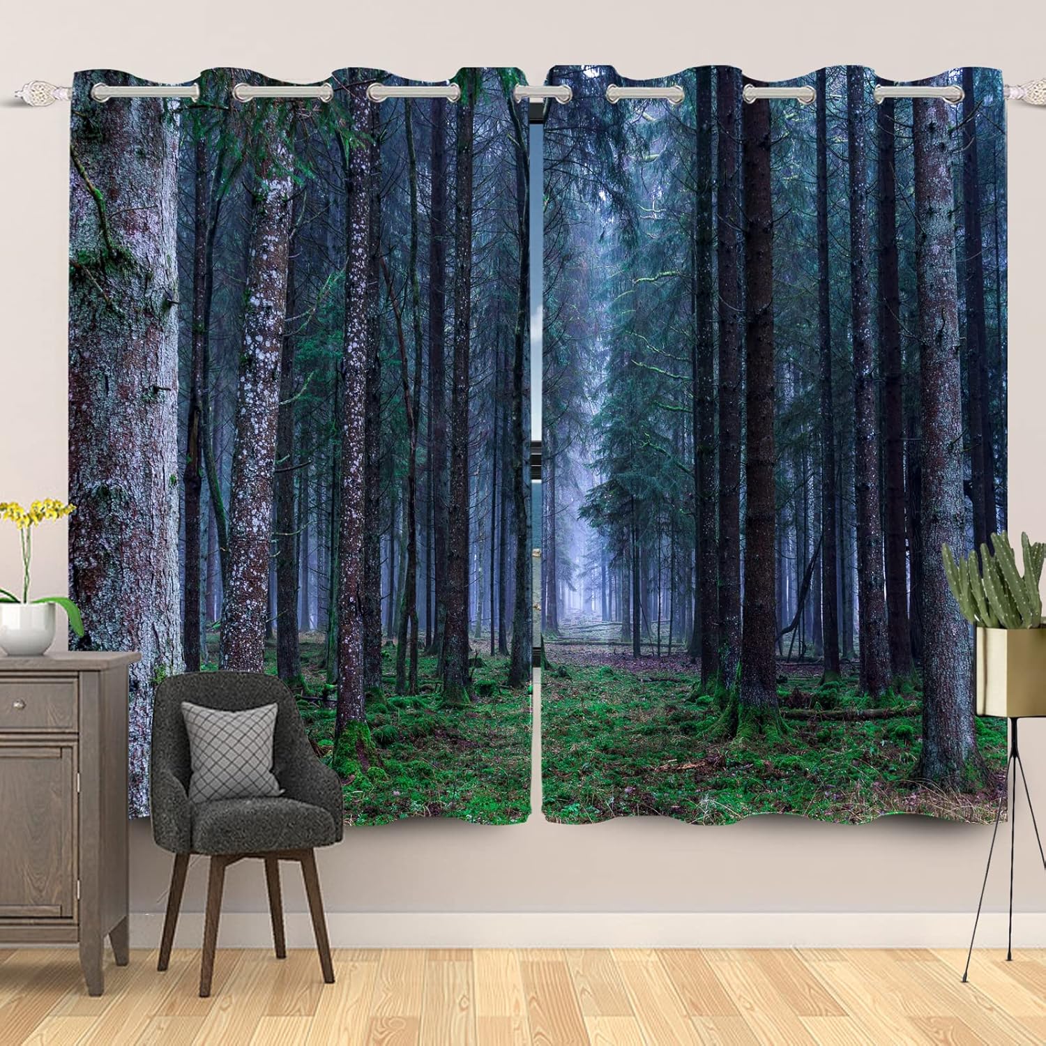 Mysterious Forest Blackout Curtains Woods Bare Trees Trunk Green Grass Spring Nature Jungle Landscape Window Drapes 2 Panel Set for Bedroom Living Room, 21 x 45 Inch