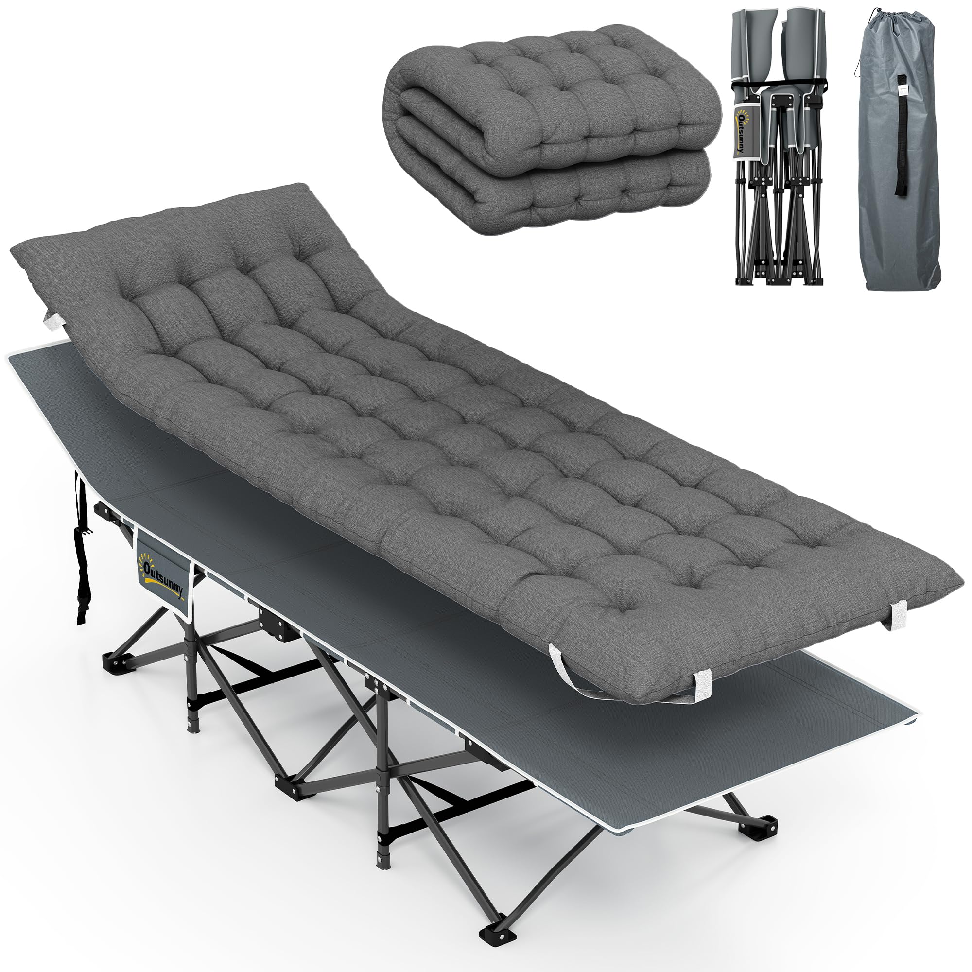 Outsunny Cama Plegable Camping Cama de Acampada Portátil Tumbona de Camping 600D con Reposacabezas Colchón Extraíble y Bolsa de Transporte Carga 150 kg para Playa Senderismo 186x68x37 cm