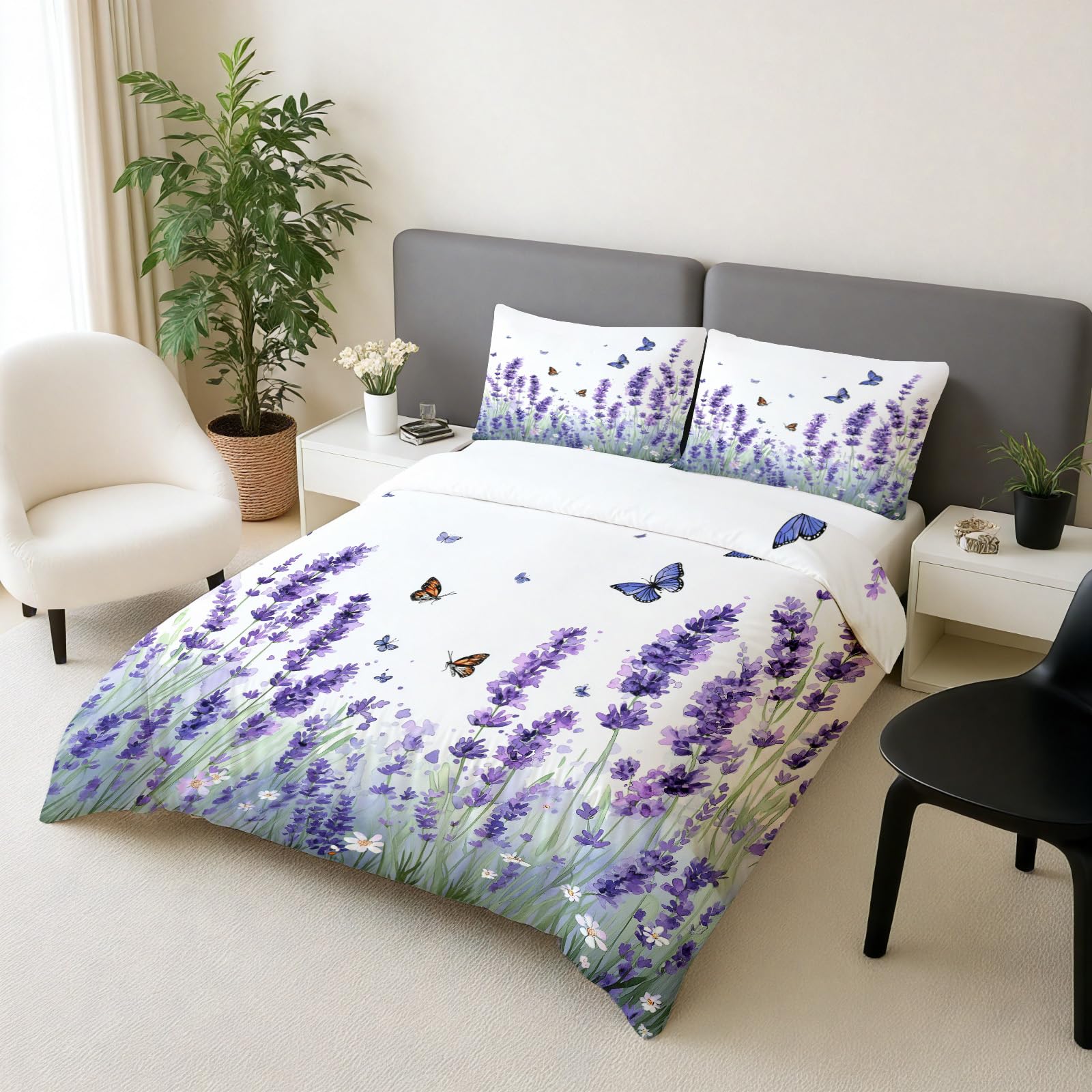 Linge de lit motif fleur 220x240 cm et deux taies d'oreiller assorties pour parure adulte