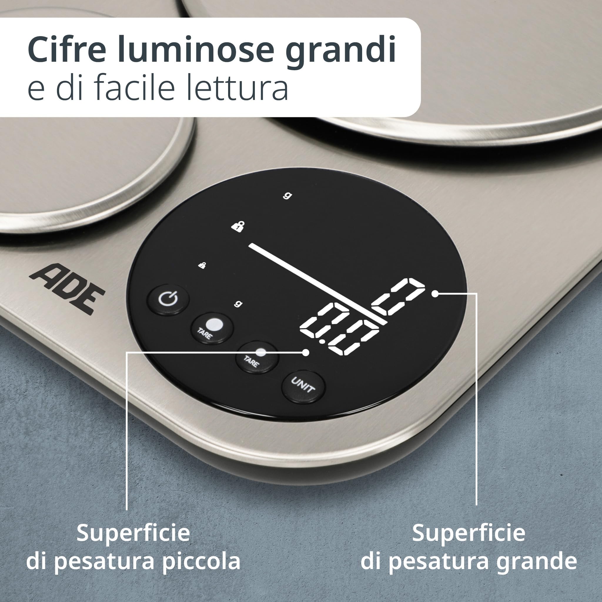ADE Bilancia da cucina digitale con 2 piattaforme 5kg/1g & 500g/0,1g | bilancia a precisione accurata fino a 0,1 g | bilancia fine per la cucina | capacità 5 kg