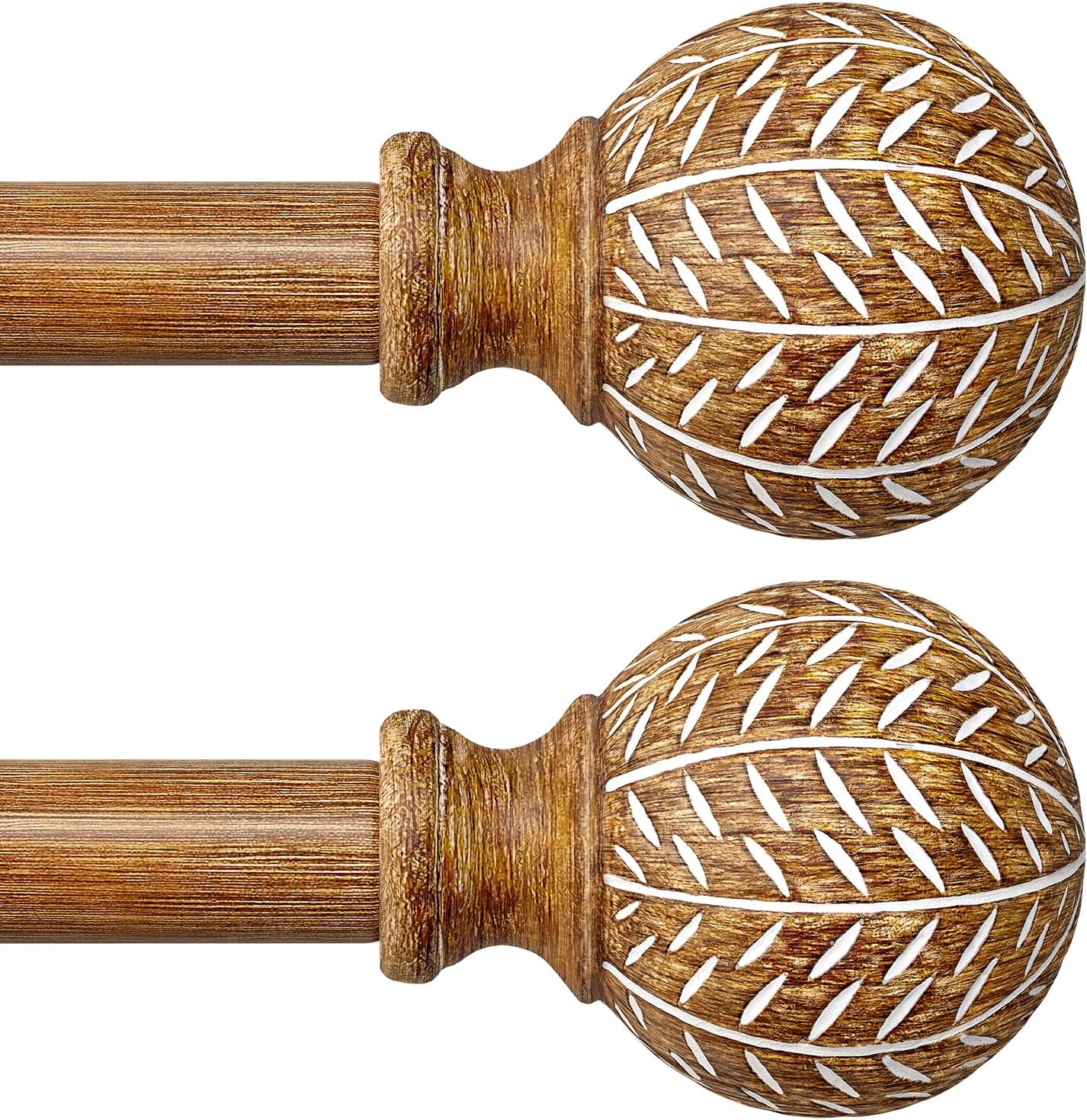 2 Pack Wood Curtain Rods for Windows,1'' Diameter Drapery Rods with Imitation Wood Grain Leaf Pattern Finials,Boho Adjustable Heavy Duty Curtain Rods Set,18-45'',Color:Natural Wood 18'' - 45'' (2 Pack) Natural Wood