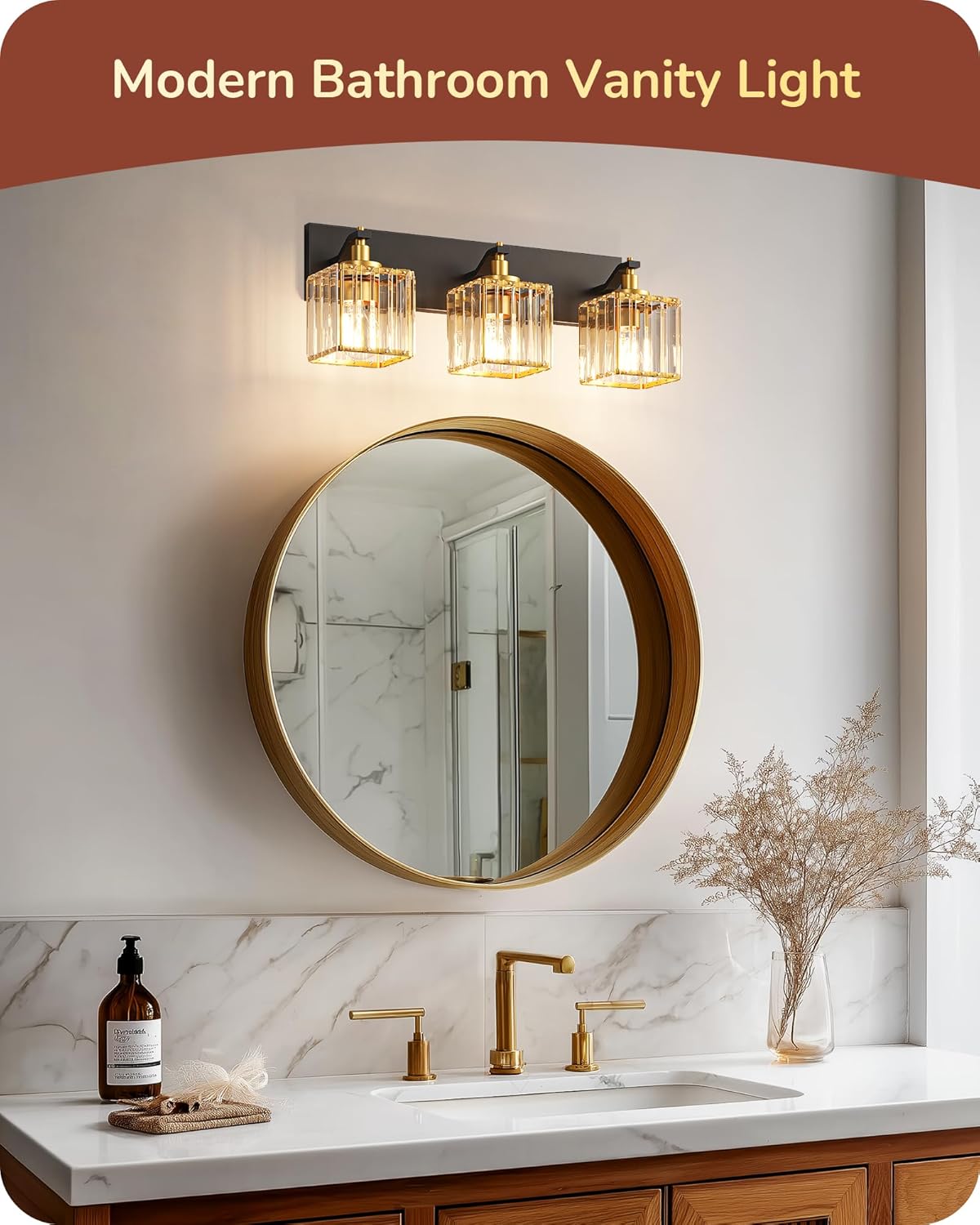 EDISHINE Bathroom Light Fixtures, 20.47'' Crystal Bathroom Vanity Lighting Fixtures Over Mirror, 3 Light Vanity Lights for Bath, Powder Room, Black and Gold, E26 Base