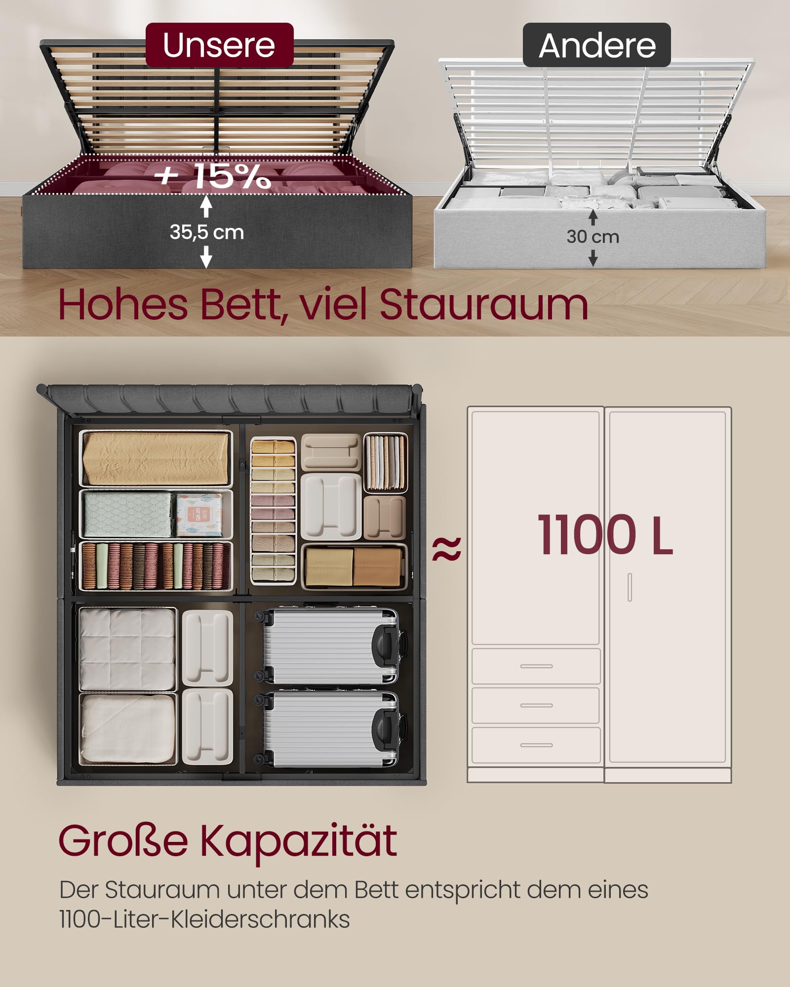 VASAGLE Bettgestell, Bettrahmen, Bett, 180 x 200 cm, klappbar Lattenrost, Unterbettaufbewahrung, Kopfteil, Hydrauliksystem, modern, einfache Montage, schiefergrau RMB618GN01