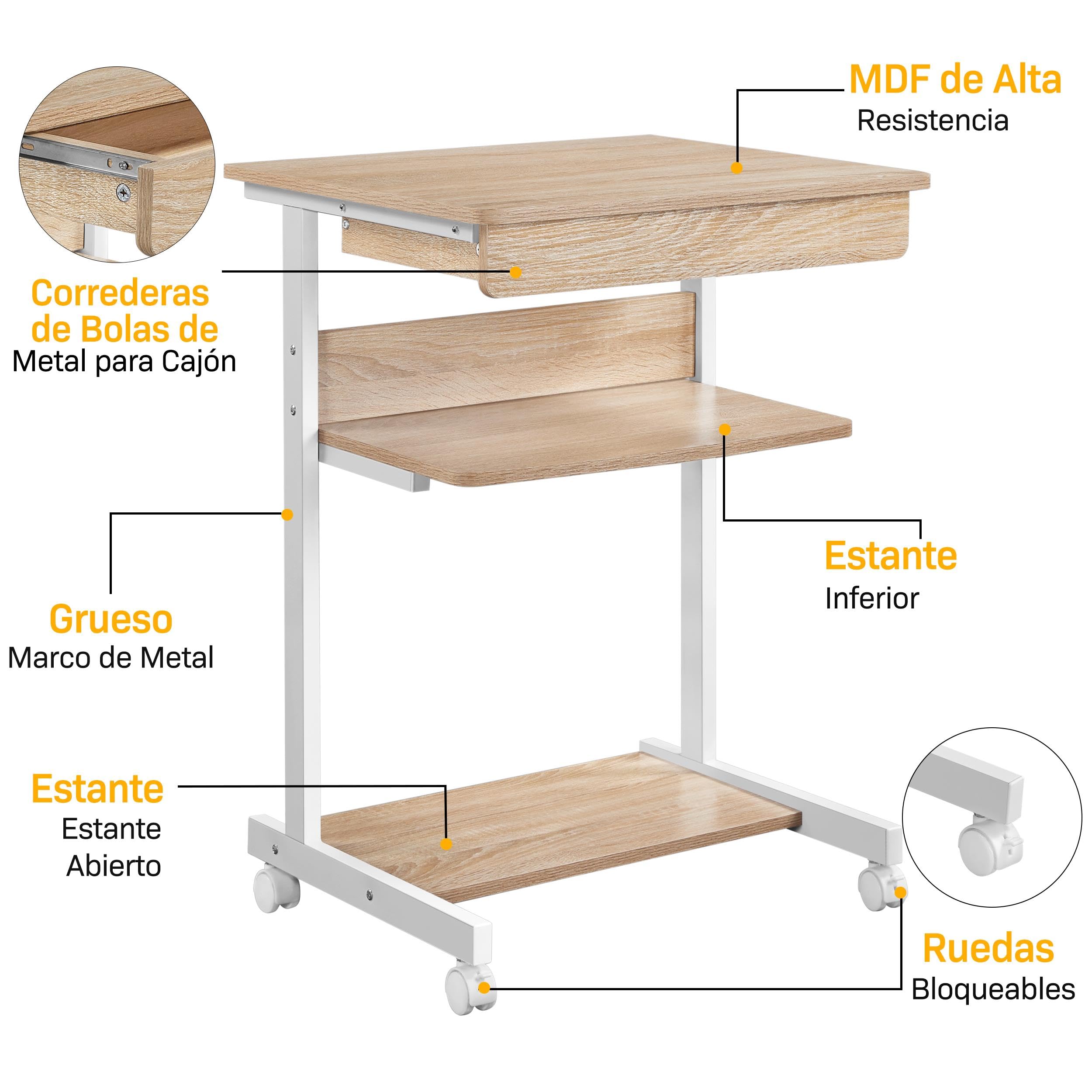 Yaheetech Mesa Ordenador con Ruedas Escritorios Ordenador Pequeña con Bandeja de Teclado Mesa Gaming con Cajón para Estudio,Espacio Límite Negro 79,5x56x51cm Roble Claro