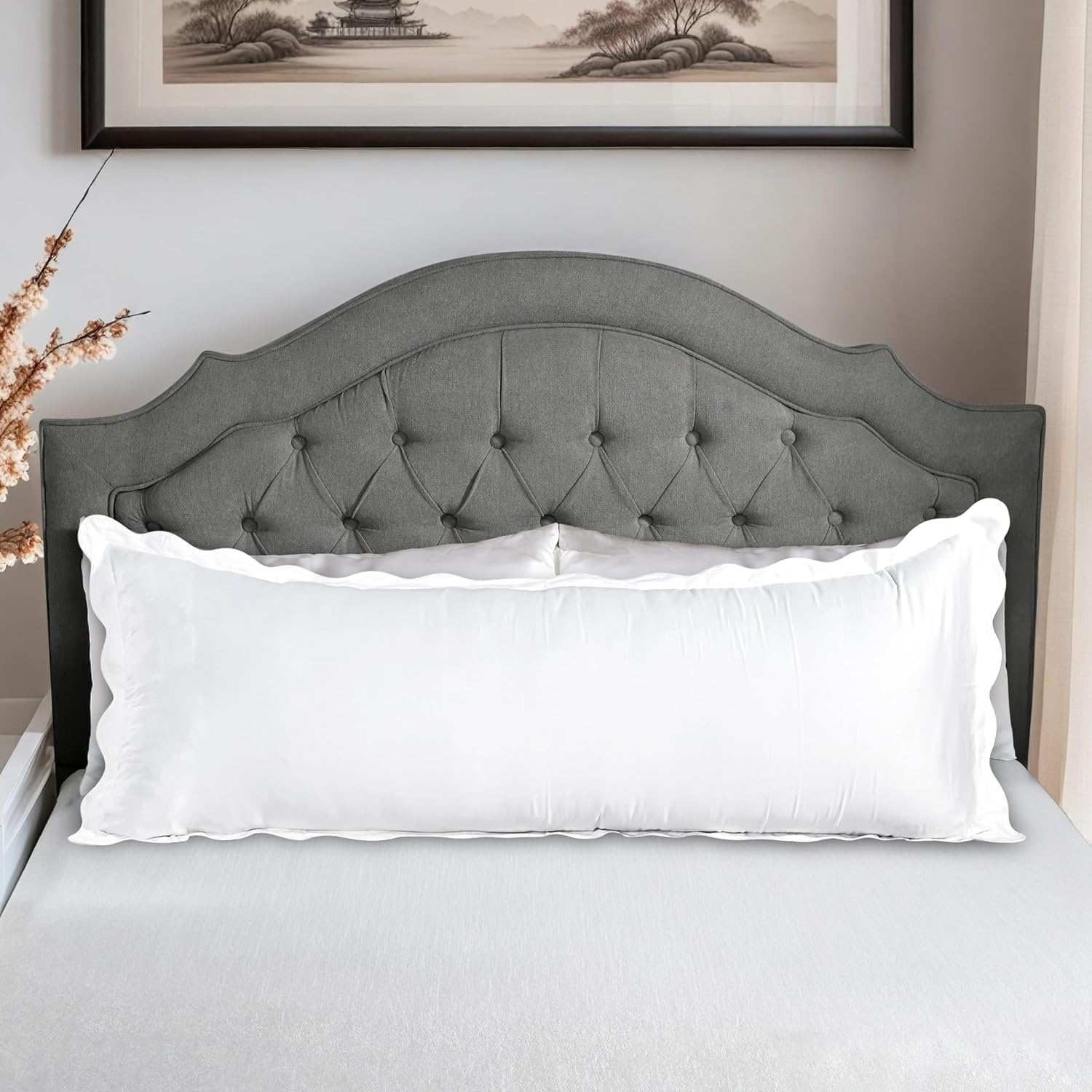Ridhi White with White Scalloped 100% Cotton Throw Pillow Covers 20"x54" Solid Pure Farmhouse Case Soft Home Decor for Sofa, Bed, Couch, Living Room Gift for Spring, Mother's Day