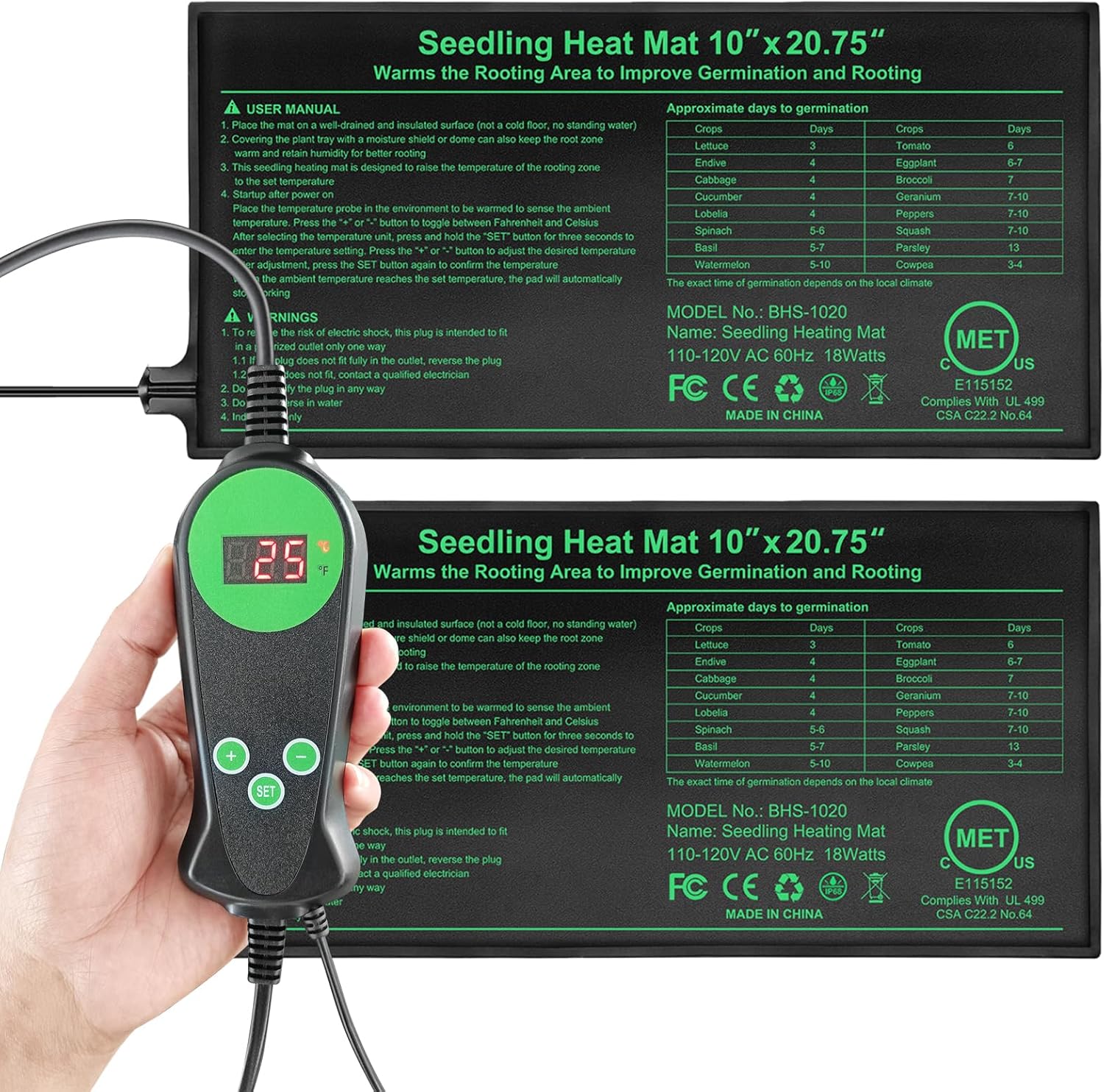 Seedling Heat Mat with Thermostat Pack of 2, Dual Certified by MET and UL Plant Heating Mat Pad Equipped with A Temperature Probe, It Automatically Maintains A Constant Temperature