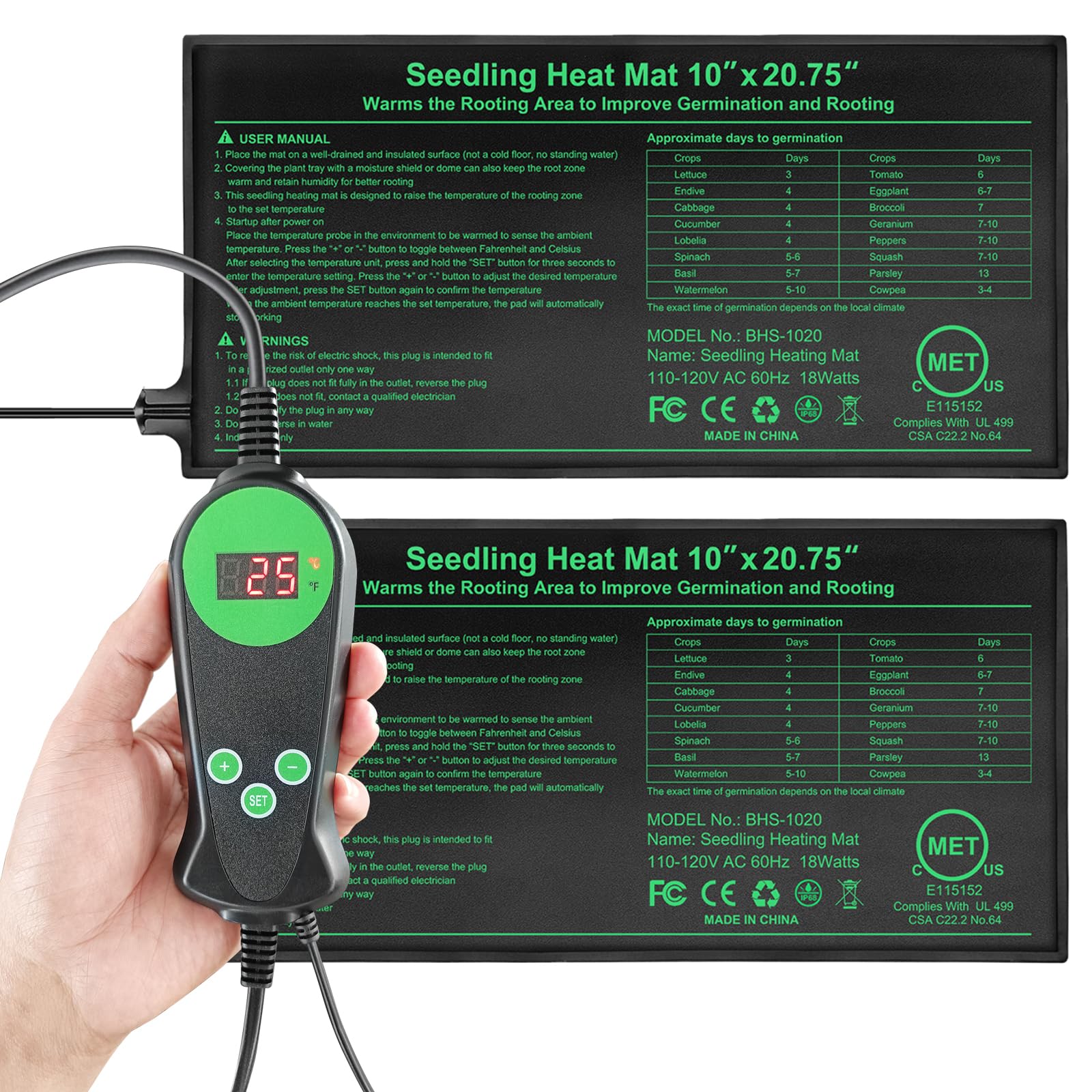 GOLOPET Sämling-Heizmatte Dual zertifiziert von MET und UL Pflanzenheizmatte Pad mit Stromausfallschutz Thermostat (Modell mit Controller-Schwarz, 2er-Pack)