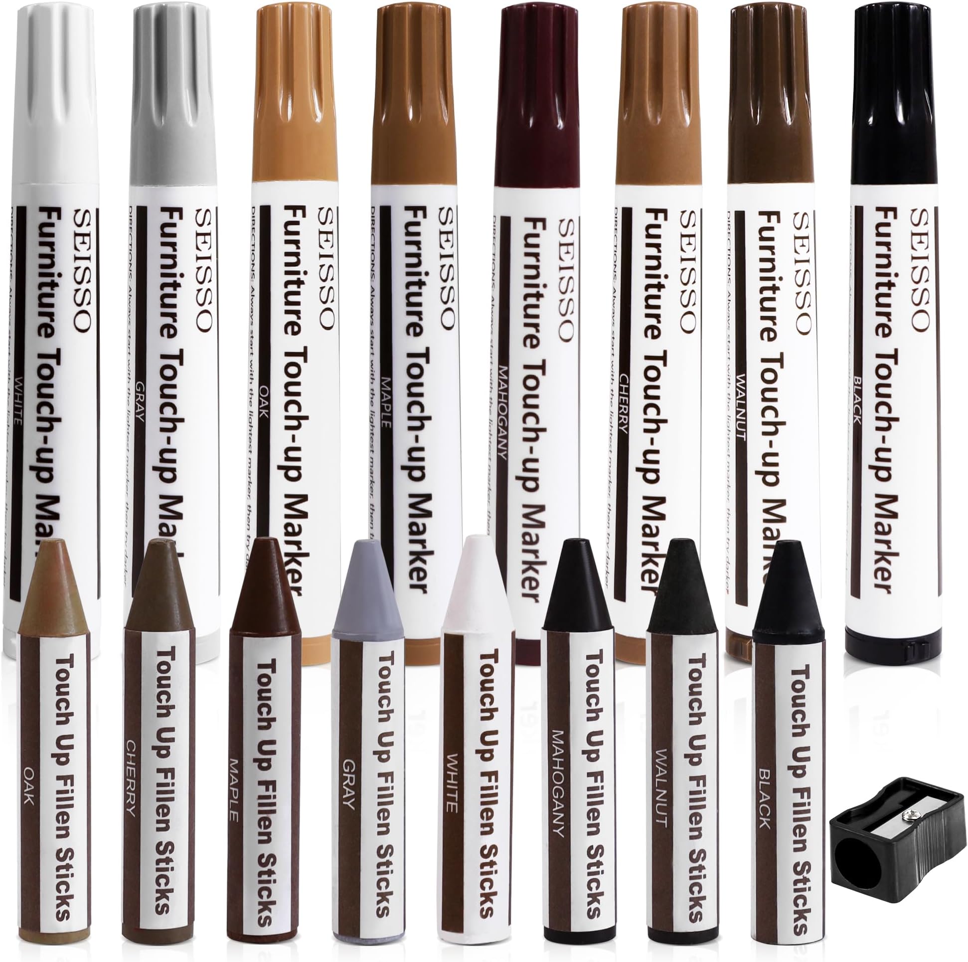 SEISSO Wood Furniture Touch Up Repair Kit Sticks and Markers for Wood Floors, Stains, Tables, Desks, Used for Any Wood, 17PCS Set