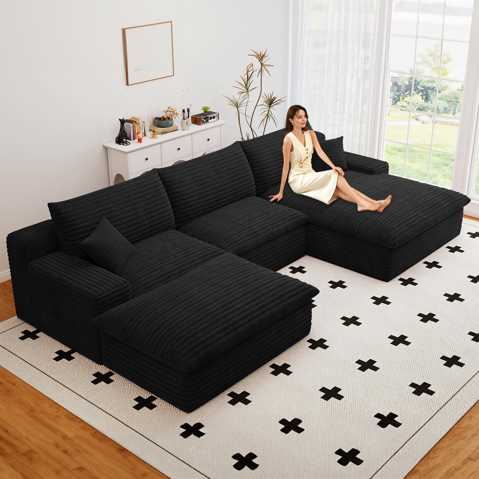 107" Cloud Couch Modular Sectional Sofa for Living Room, U-Shape Boneless Couch with Deep Seat, Modern Corduroy 3-Seater with Ottoman, No Assembly Required (Black,Right-Facing Chaise)