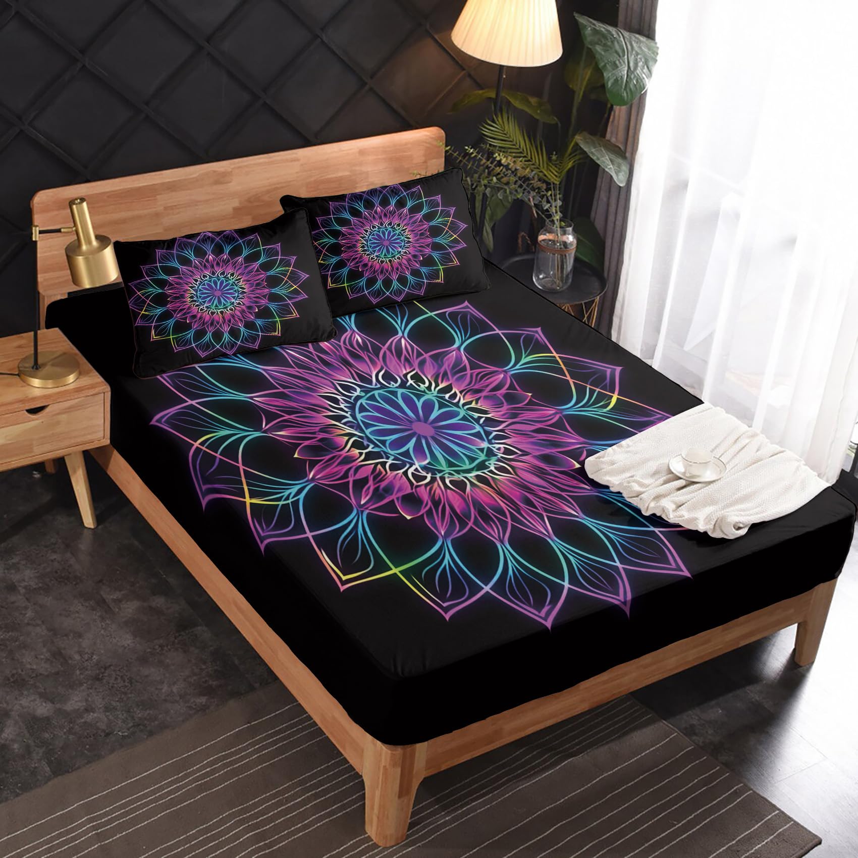 Zvynqour California King Sheet Sets - Boho Mandala Bed Sheets - Bohemian Deep Pocket Fitted Sheets & Flat Sheets & Pillowcases 4 Piece Set - Colourful Neon Lotus Bedding & Decor
