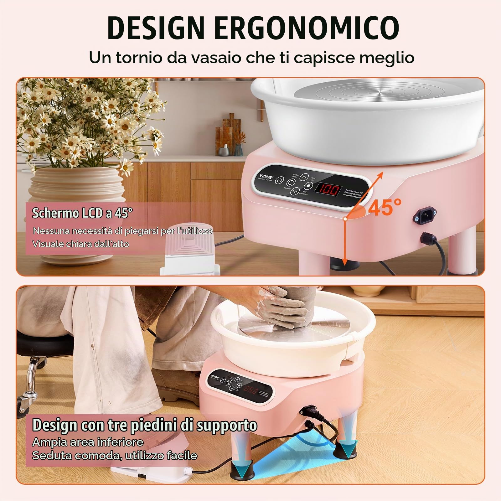 VEVOR Ruota per Ceramica, Macchina 250 mm, Ruota Elettrica per Ceramica da 350 W, Ruota Trasmissione Diretta con 3 Gambe di Supporto Pedale Touch Screen LCD per Artigianato Artistico Fai da Te, Rosa