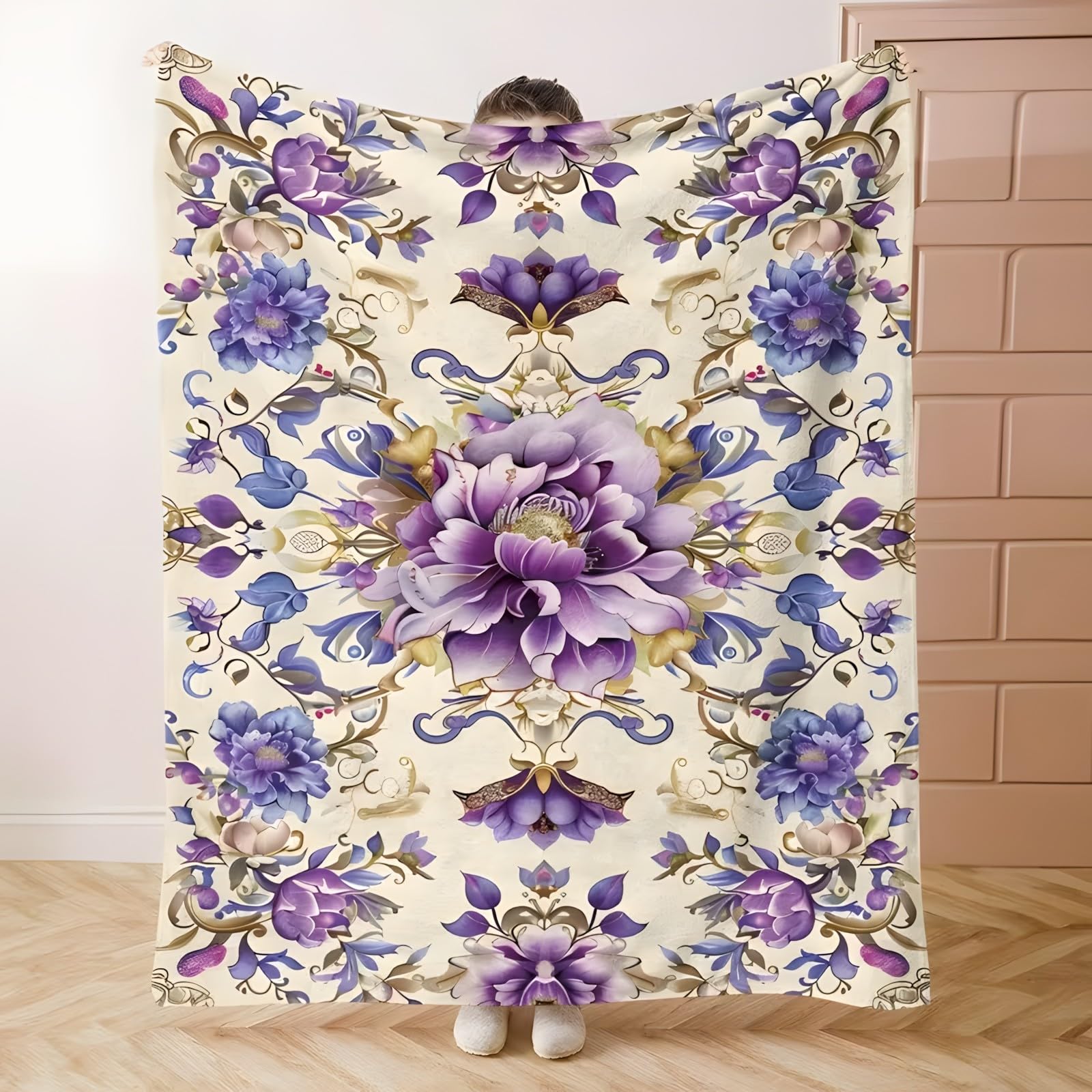 Couverture polaire fleurs violettes 200x200 cm rustique pour lit double