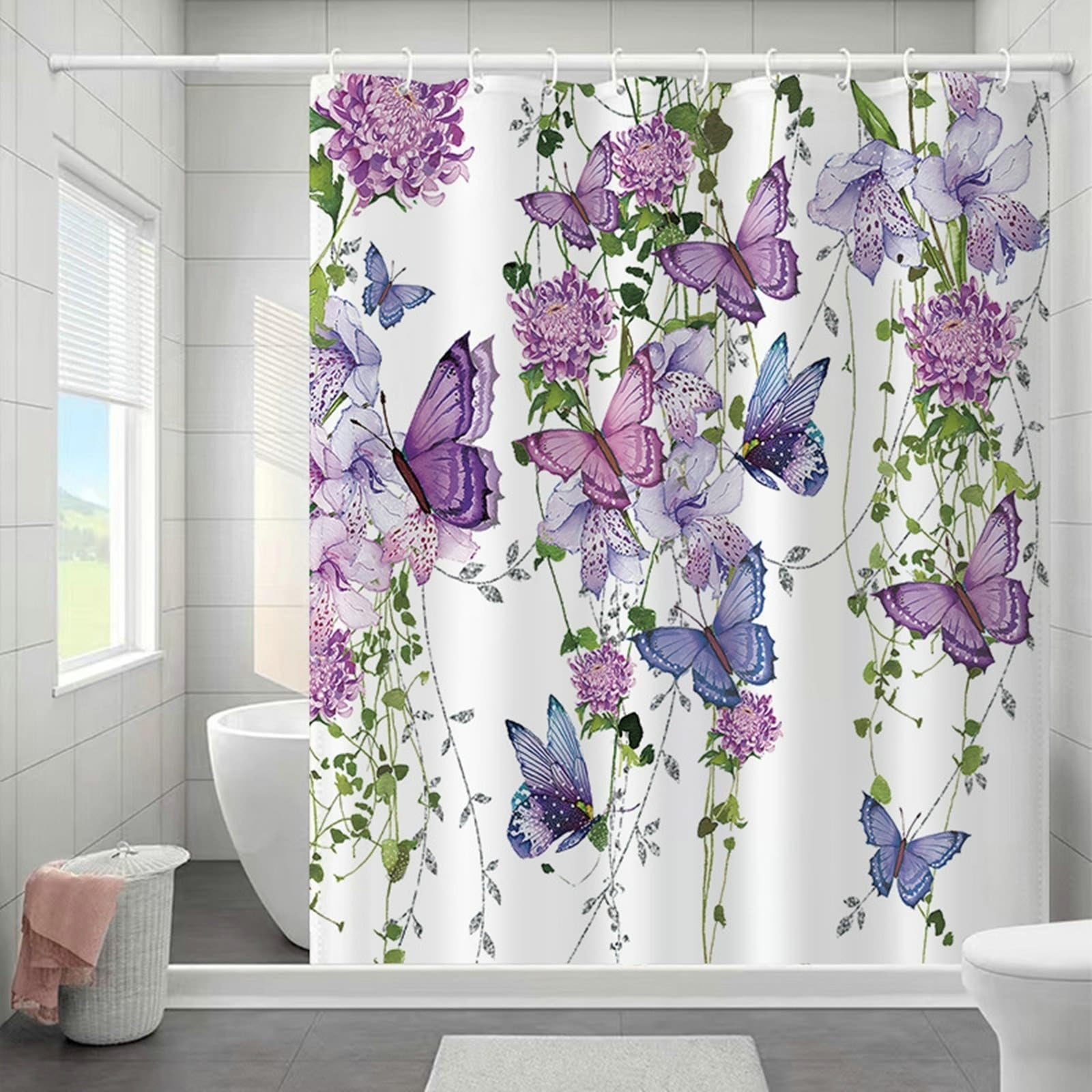 Rideau de douche anti-moisissure lavable en textile polyester 120x180 cm avec anneaux