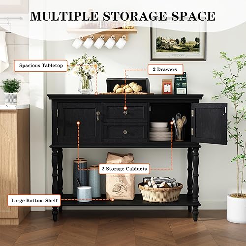 Miniatura 3 de ARTPOWER Mesa consola con 2 cajones, mesa de entrada retro con armarios de 2 puertas y estante de almacenamiento abierto, mesa estrecha y larga para