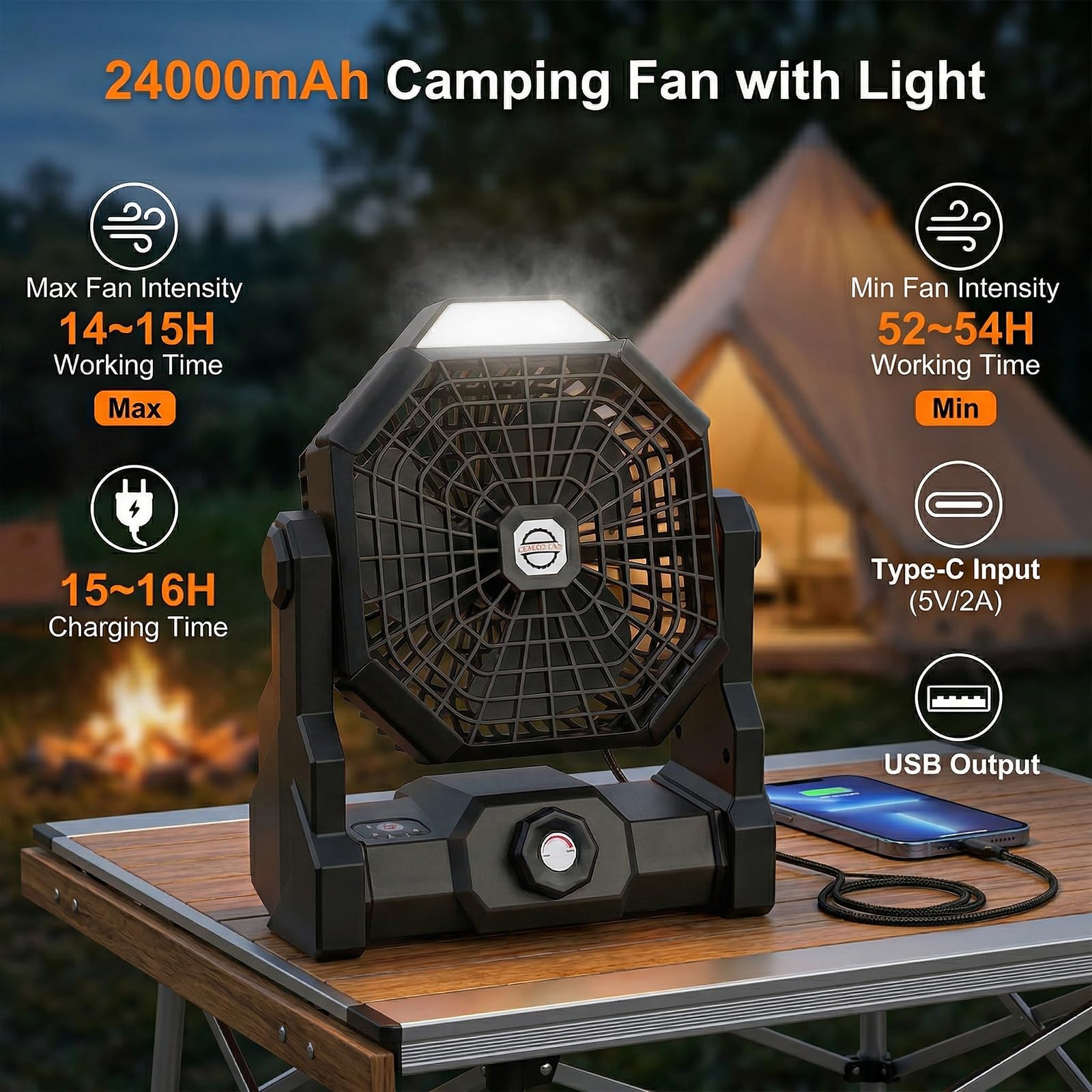 Qoosea Ventilateur de Camping Portable Tente Ventilateur 24000mAh 3 en 1 Ventilateur de Tente Extérieure avec Lumière LED de Classe 3 à 4 Vitesses pour la Pêche en Plein air de Voyage de Tente