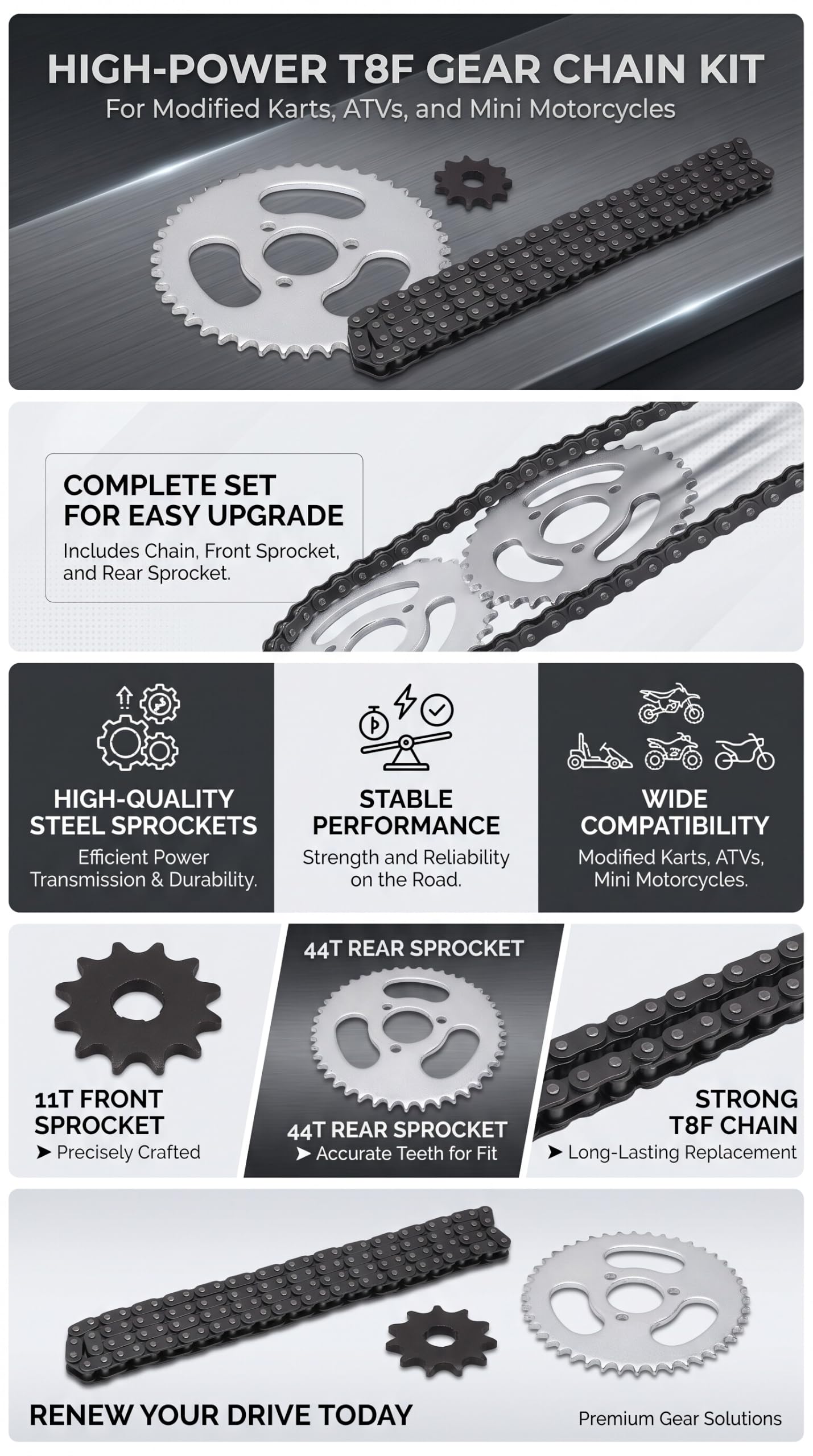 Pignon Avant et Arrière T8F, Chaîne de Rechange Haute Puissance T8F pour Karts Modifiés, VTT et Mini Motos
