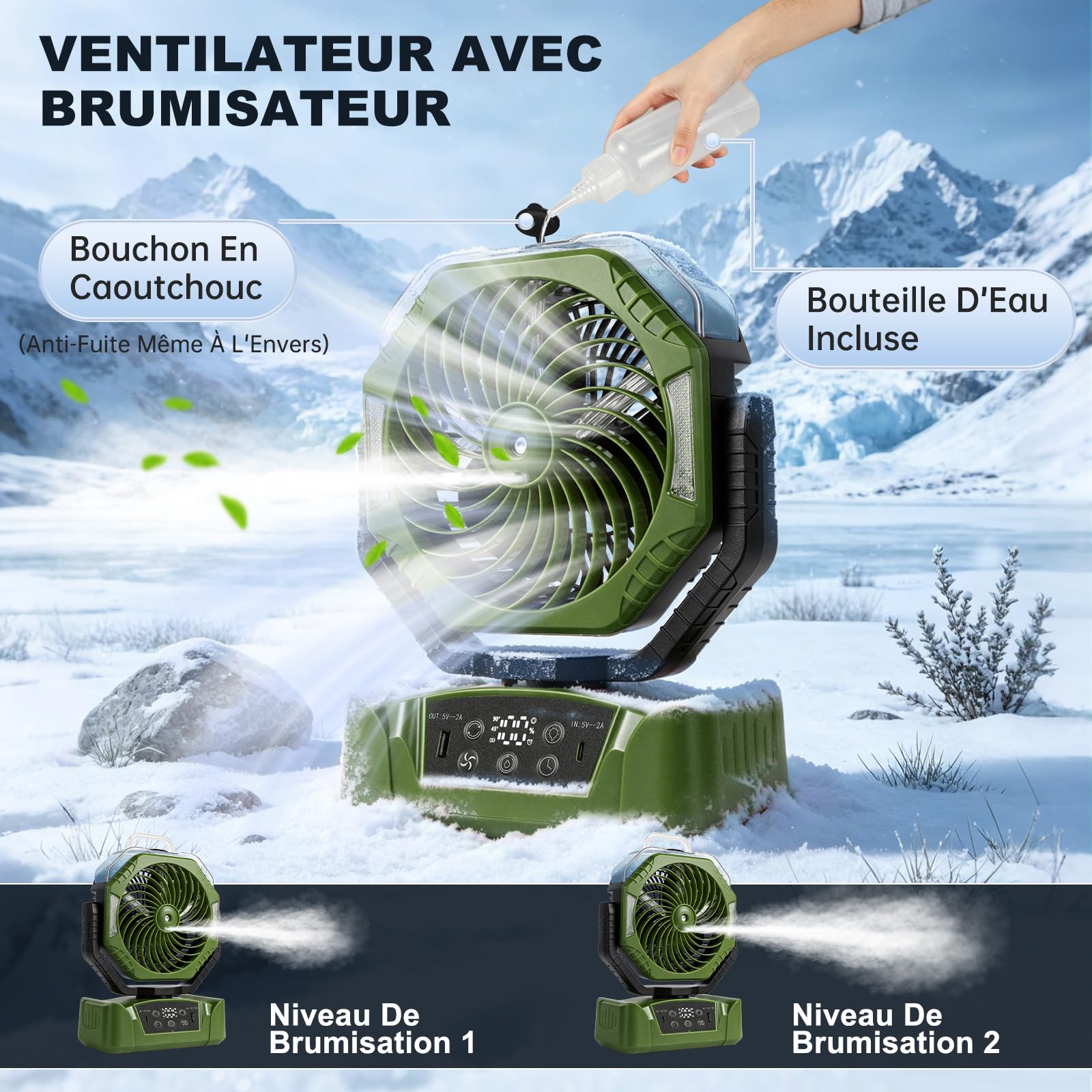 JONRRYIN Ventilateur Camping, Ventilateur Batterie Rechargeable 20000mAh avec Brumisateur, Ventilateur Portable Silencieux avec Lumière, 6 Vitesses & Rotation 270° pour Outdoor & Maison (Vert)