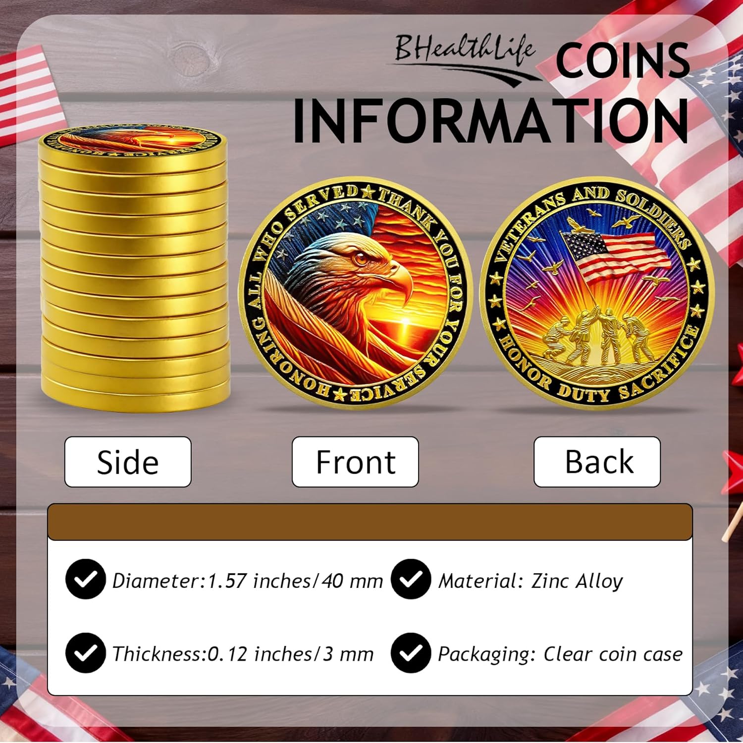 BHealthLife 82Pcs Veteran Challenge Coins Bulk - Thank You for Your Service Military Appreciation Coin - Double-Sided Commemorative Prayer Coin with Bald Eagle and Flag Raising Design