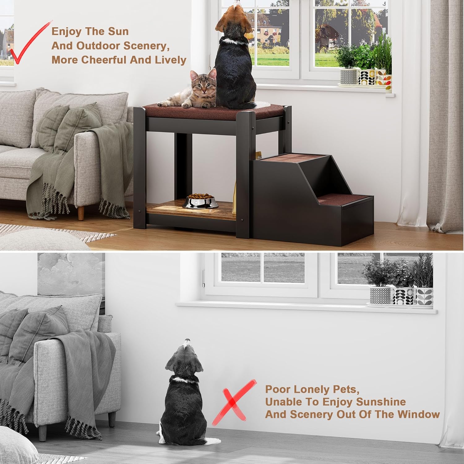 Large Dog Window Seat with Stairs, Non-Slip Removable Soft Pads, Indoor Dog Perch to Look Out Window