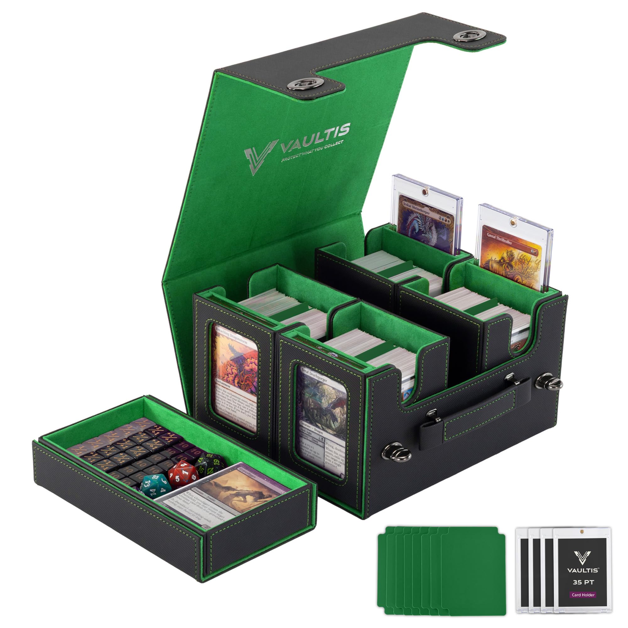 VAULTIS Commander Deck Box for MTG with Handle, Multi Deck Case with Large Dice Tray Fits 400+ Double-Sleeved Cards, 5 IN 1 TCG Card Storage Box with Commander Display, 35PT Card Holders (Green)