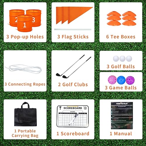 Miniatura 2 de Juego de golf naranja de 3 piezas, juego con 3 agujeros emergentes + 3 banderas + 6 cajas de camiseta + 3 pelotas de juego + 1 bolsa de transporte +