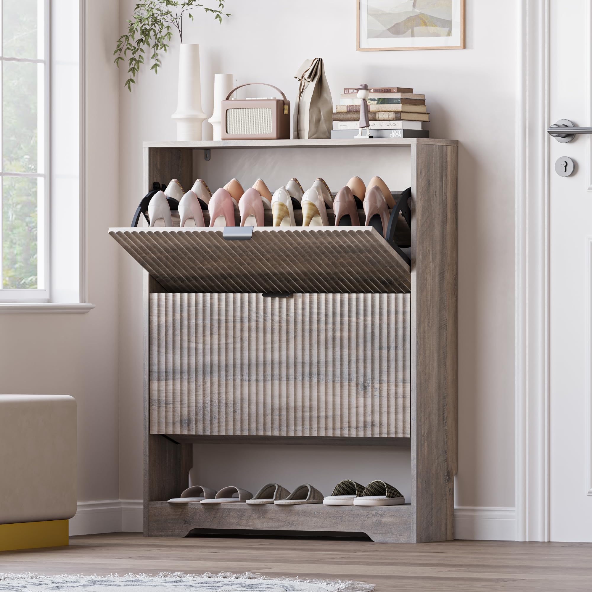 BORNOON BRN-090WH2 Wood 2-Drawer Fluted Shoe Cabinet