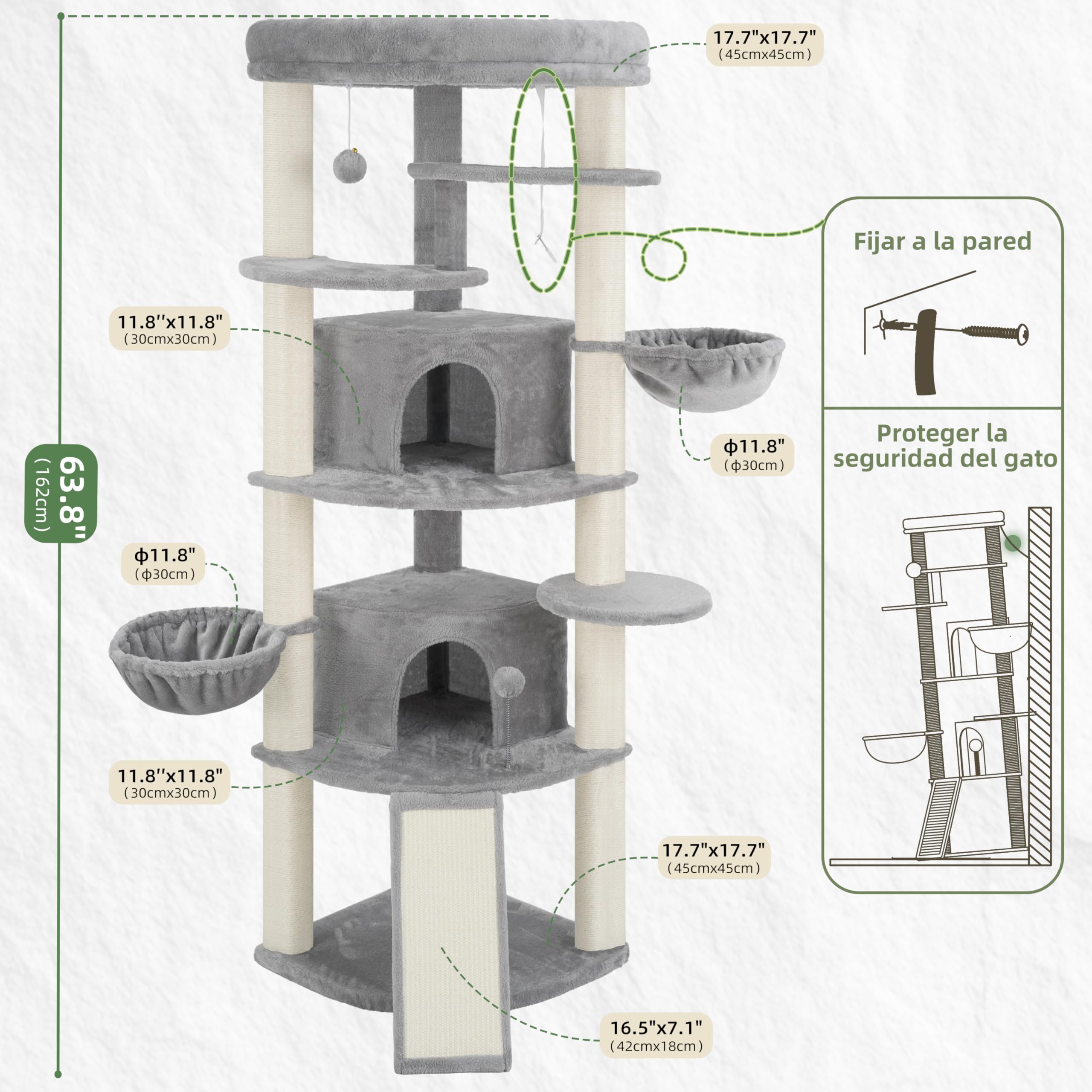 Gitelsnour Rascador para Gatos de rincón Interior, árbol para Gatos multinivel con Posts de rascado Sisal Natural, 2 Cuevas, Grandes Plataforma, 2 Canasta Colgante para Gatos, Gris Claro GCT035W