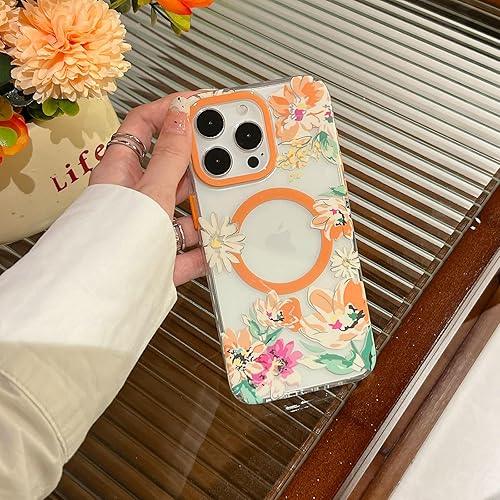 Miniatura 6 de YeLoveHaw Funda magnética transparente para iPhone 14 Pro Max para mujeres y niñas, bonito patrón floral morado con purpurina compatible con