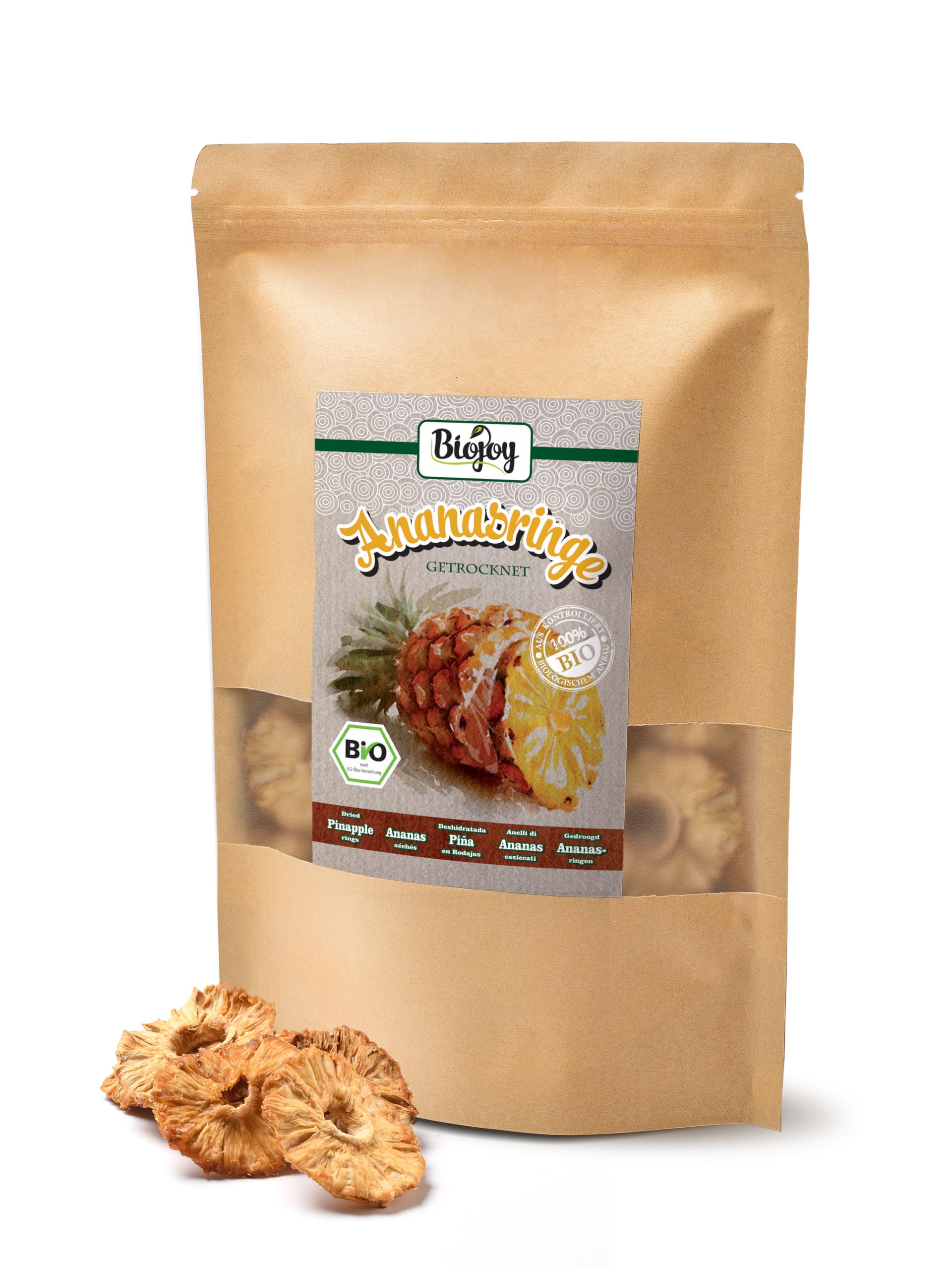 Biojoy Piña deshidratada BÍO (500 g), sin azúcar añadido y sin azufre, natural