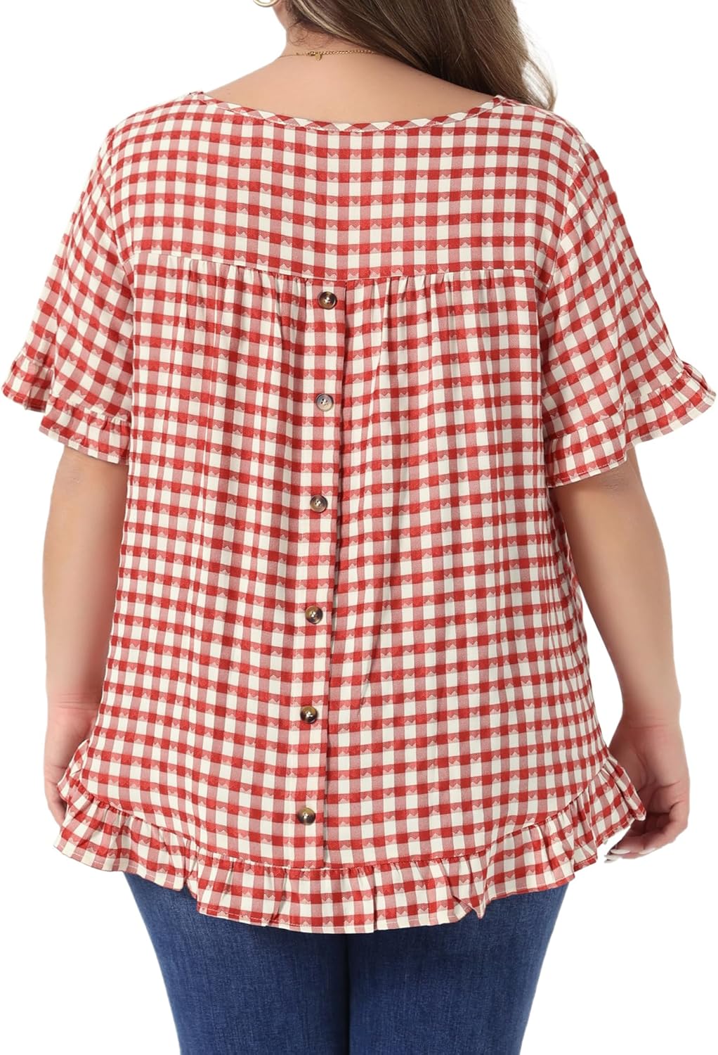 Agnes Orinda Plus Size Gingham Tops 1950s Vintage Plaid Round Neck Ruffle Sleeve Back Button Blouses - Image 4