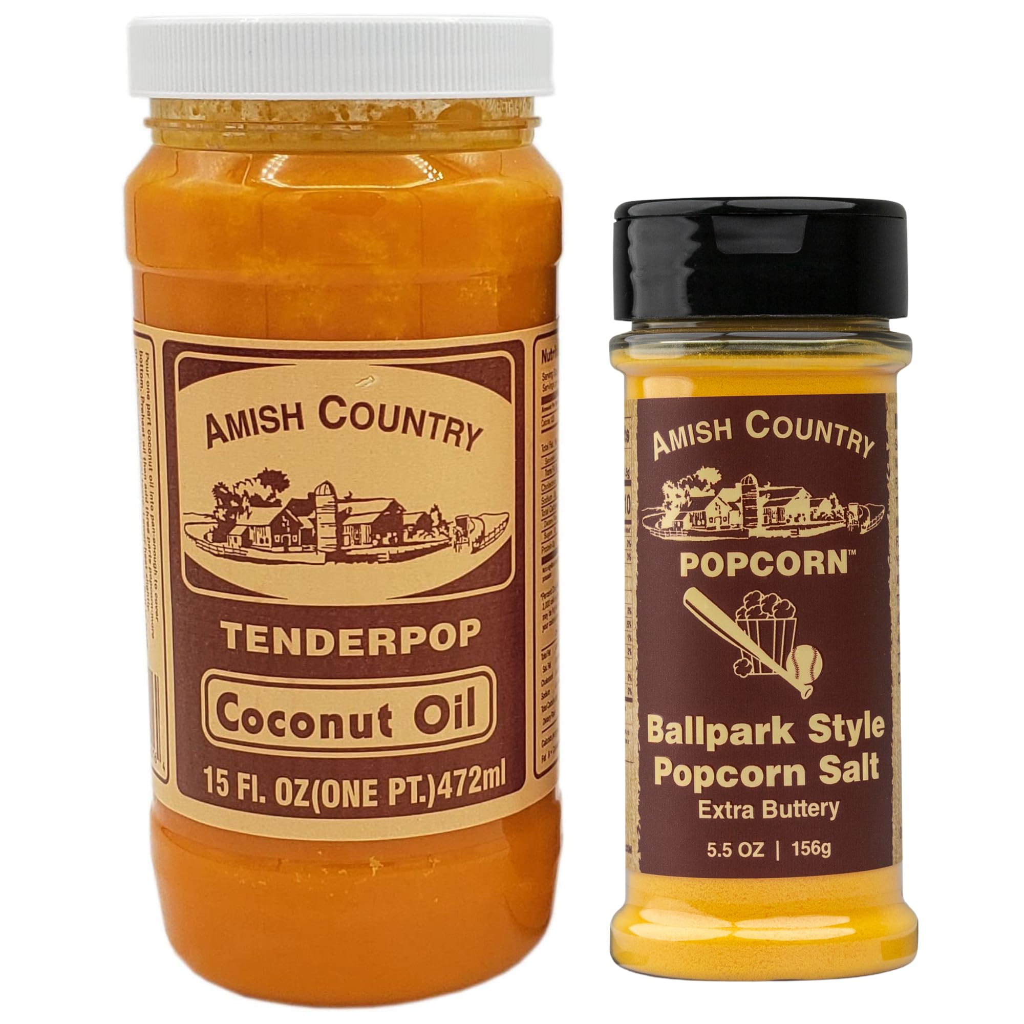 Amish Country Popcorn | Oil and Seasoning Variety Pack | Coconut Oil - 15 oz and Ballpark ButterSalt Popcorn Salt - 5.5 oz
