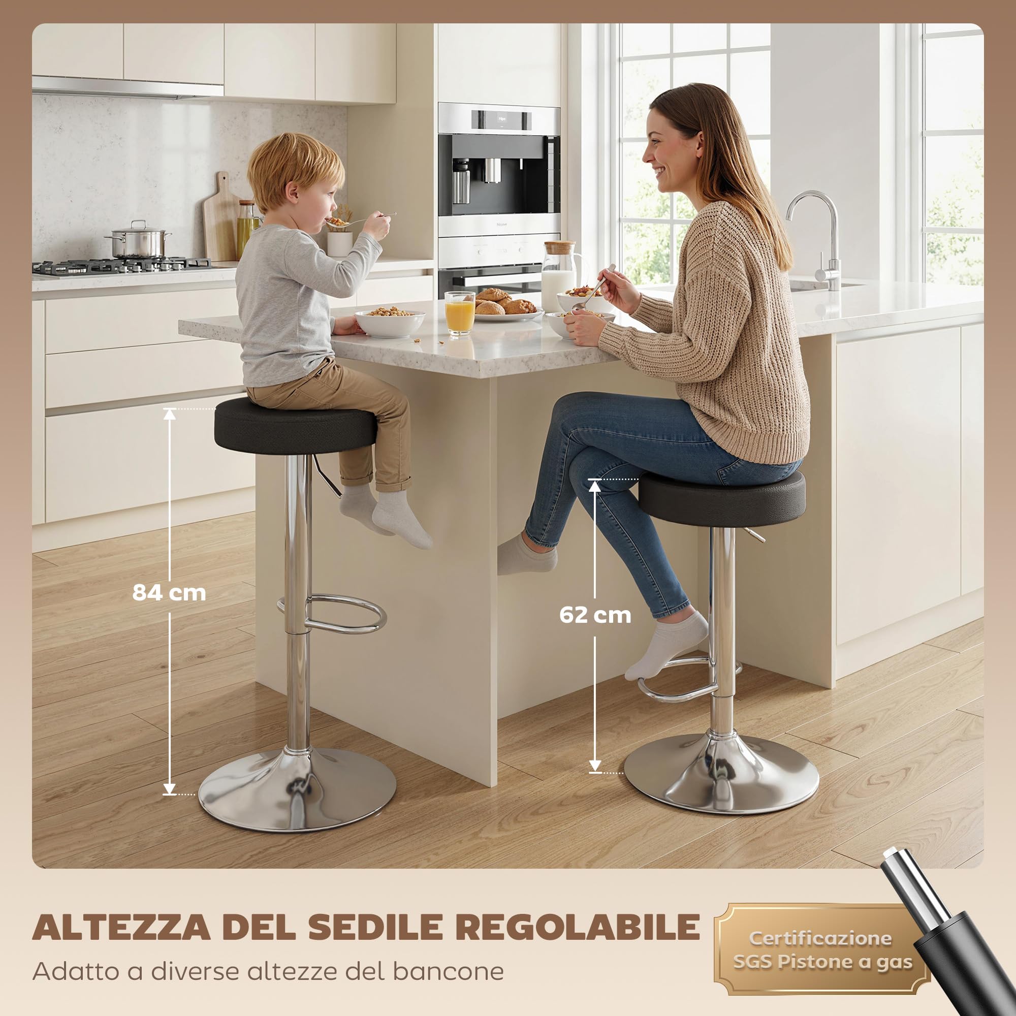 HOMCOM Set 2 Sgabelli Bar con Altezza Regolabile e Girevoli a 360°, Sgabelli Cucina Alti in PU con Poggiapiedi, Seduta Morbida, Struttura in Metallo, Sedie Bar Alte per Penisola Sala da Pranzo, Nero