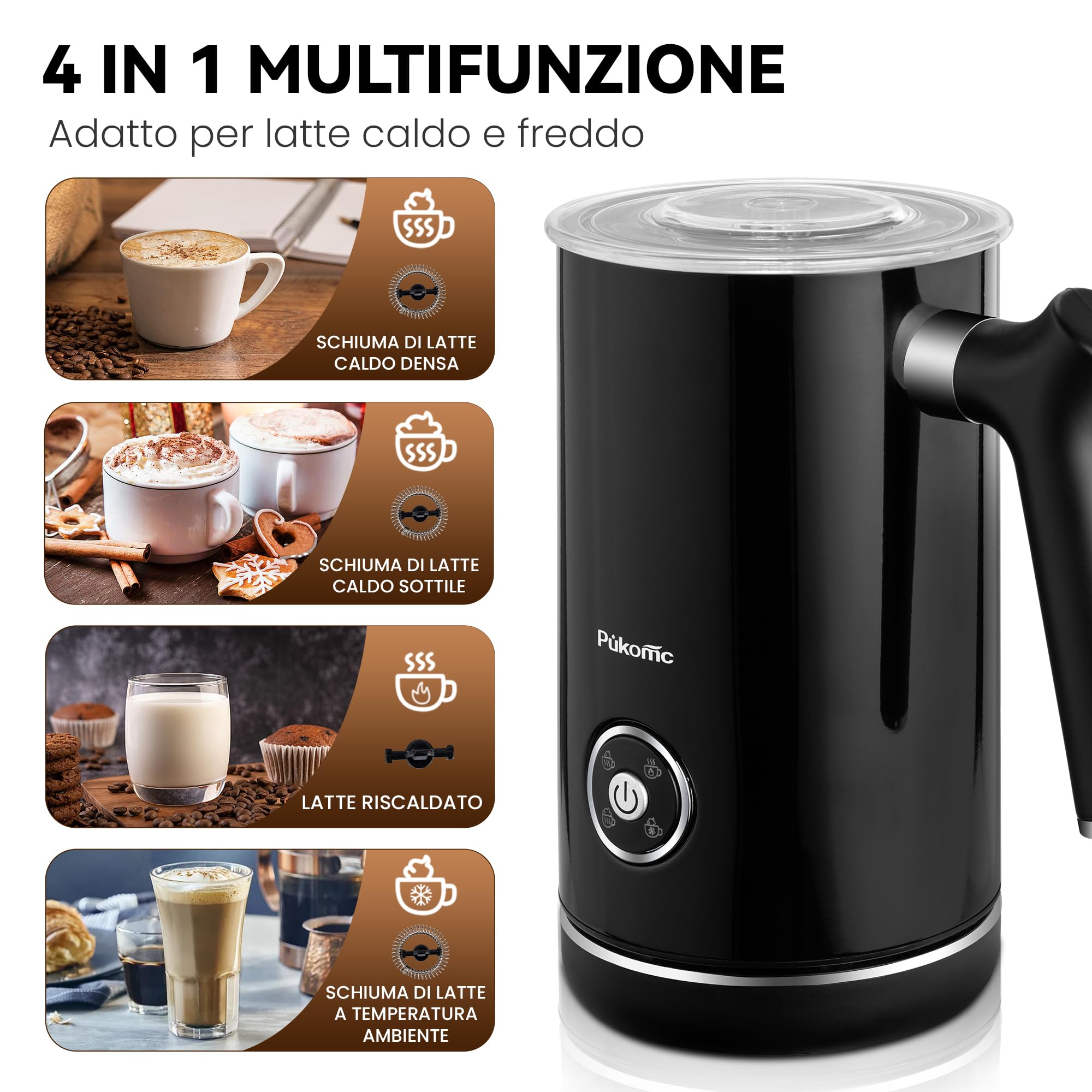 Montalatte Elettrico 4 In 1 Con Boccale In Vetro, Schiuma Calda E Fredda, Scaldalat Te Fino A 400 Ml, Per Cappuccino