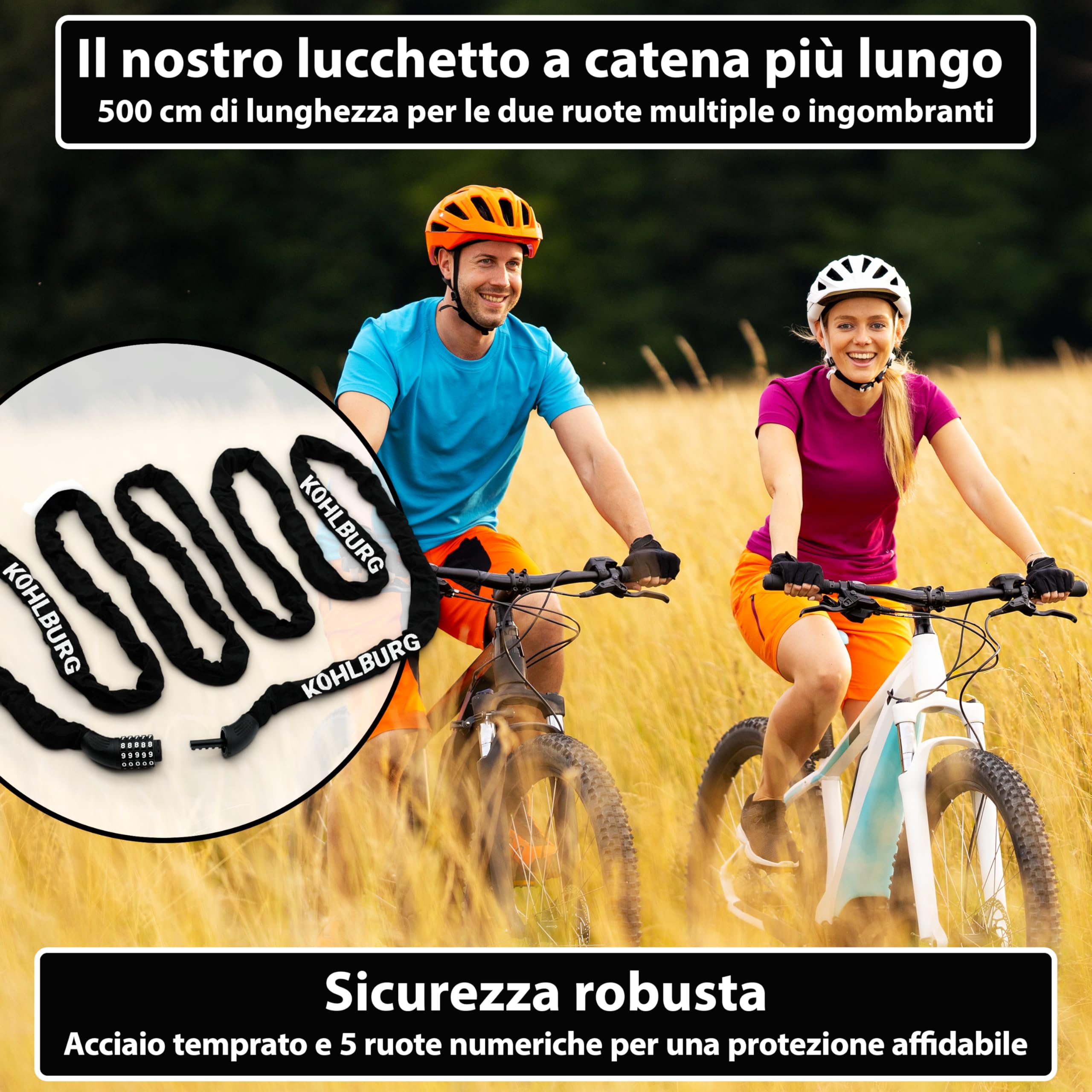 KOHLBURG Catena antifurto 5 m extra lunga con combinazione numerica, 500 cm & acciaio speciale 6 mm con a codice, lucchetto a combinazione 5 m per bici, e-bike, e‑scooter, mobili da giardino, barca