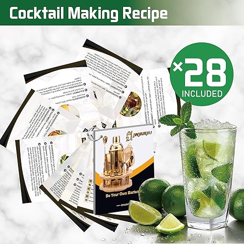 Miniatura 7 de Juego de coctelera con soporte giratorio de bambú, juego de 11 herramientas de barra de acero inoxidable con folleto de recetas (dorado)