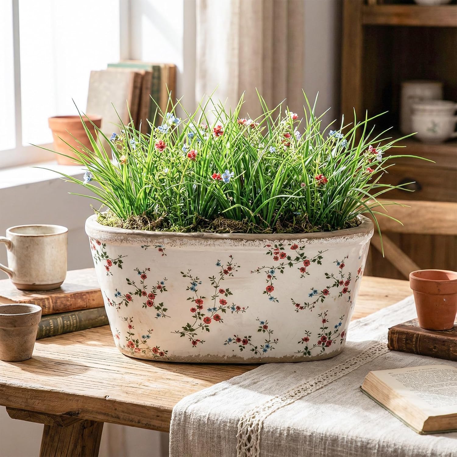 FoldTier 8.6" Large Vintage Ceramic Planter Ice Cracked Farmhouse Rectangle Pots with Drainage Hole Pots for Indoor Outdoor Plants Home Kitchen Windowsill Office Shelf Rustic Decor Gift(Wildflower)