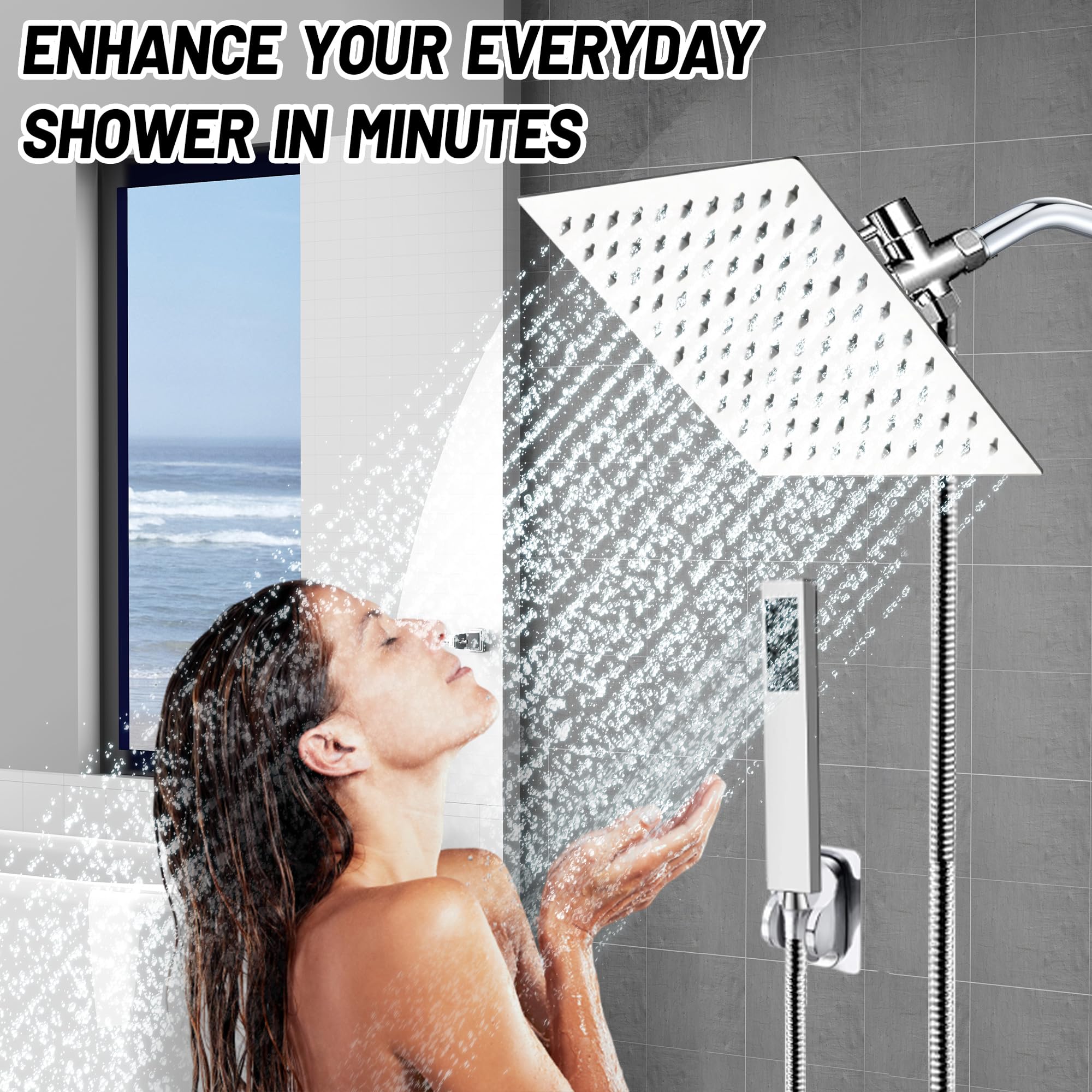 Jeriussg 8-Inch Rainfall Shower Head With Filter & 9" Extension Arm - High Pressure, Removes Chlorine For Hair/Skin