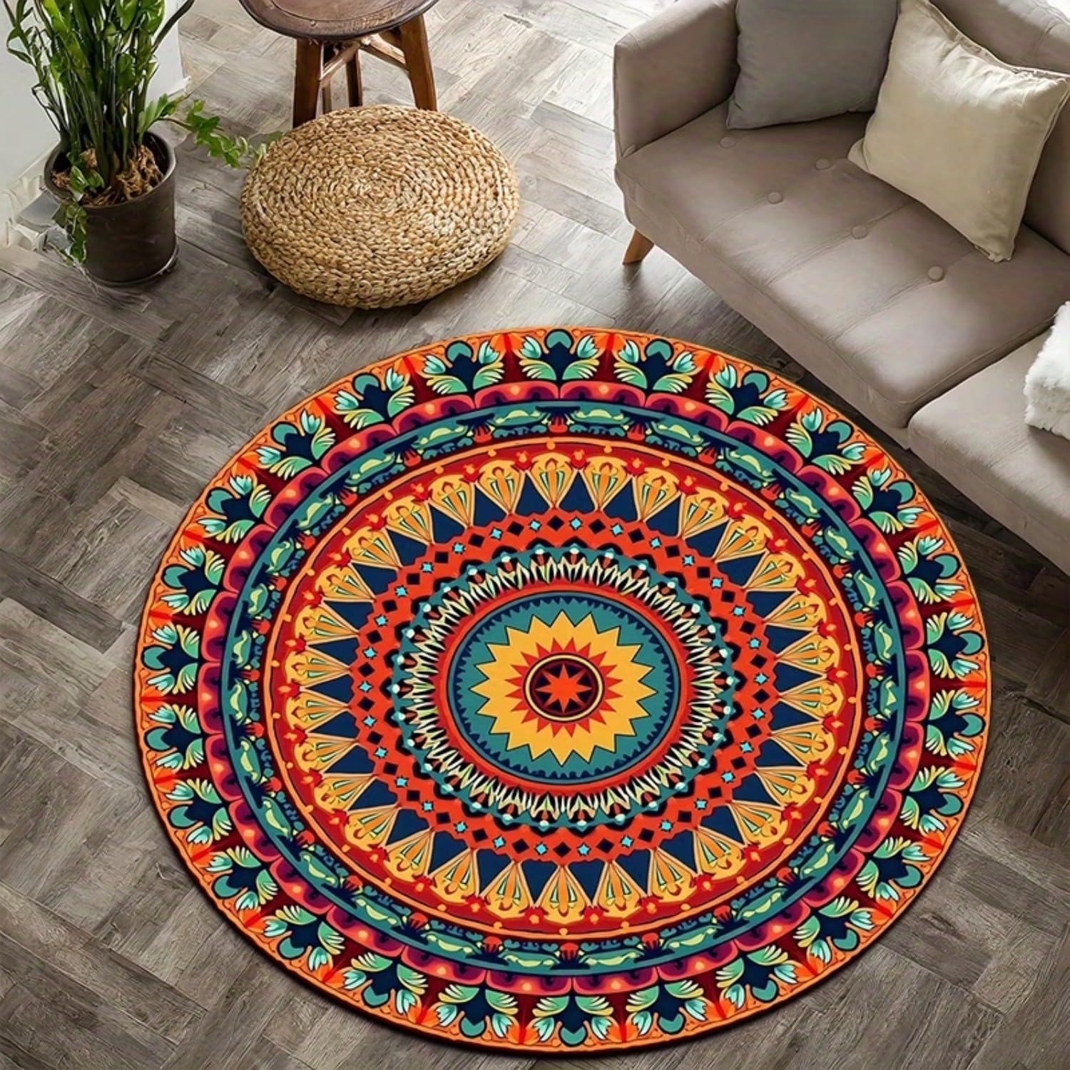 USHIRUG Washable Round Rug,90cm Mandala Vintage Circle Rug, Vintage Floral Bohemian Area Rugs, Soft and Shedding Carpet, Non-Slip Thin and Easy-To-Clean Mat for Entry, Kitchen, Office