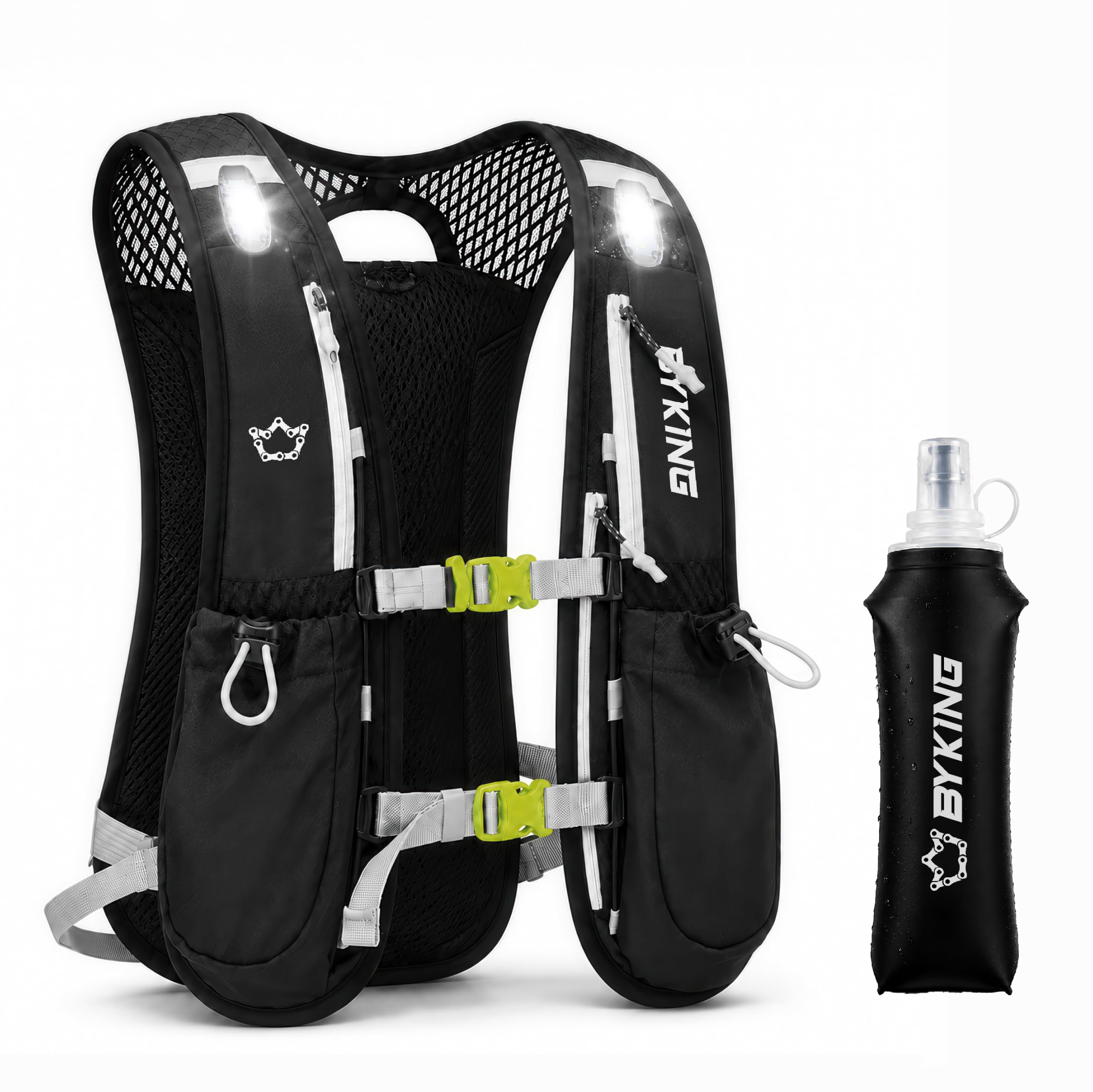 BYKING Running Vest Bundle, Hydration Pack with 0.5L Soft Water Bottle and LED Safety Lights, Multiple Storage Pockets, Lightweight Adjustable Fit Vest For Men and Women. (Vest Bundle)