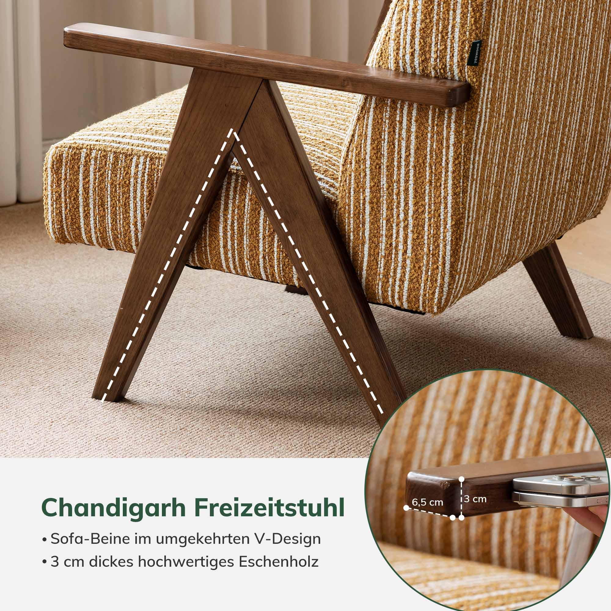 YESWOOD Sessel Wohnzimmer, Gepolsterter Loungesessel mit Massivholzrahmen, Stilvoller Lesesessel für Wohnzimmer, Schlafzimmer & Balkon, Gelb/Weiß Streifen – 79T x 74B x 82H cm