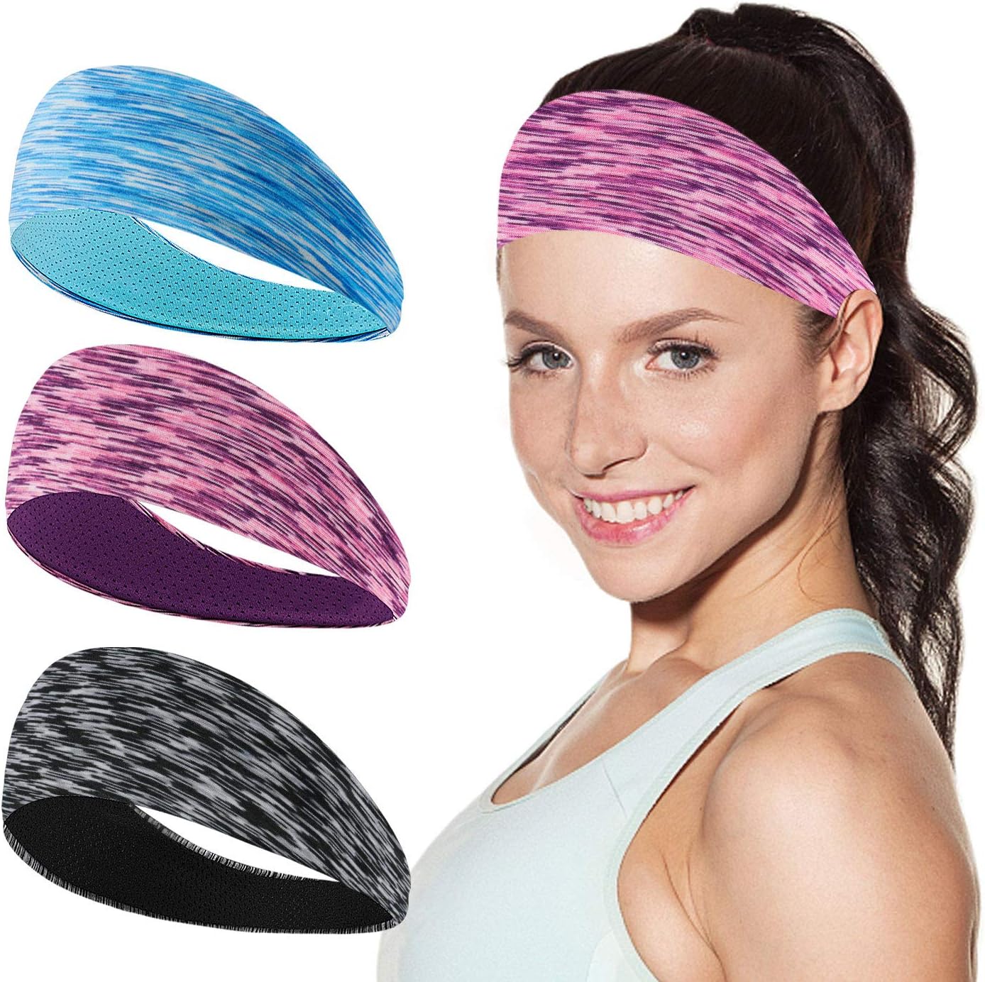 TAGVO 3Packs Sports Headband for Men and Women, Non Slip Elastic Moisture Wicking Lightweight Soft Workout Mens Sweatbands for Sports/Yoga/Pilates/Dancing/Running/Cycling/Fitness Exercise/Travel