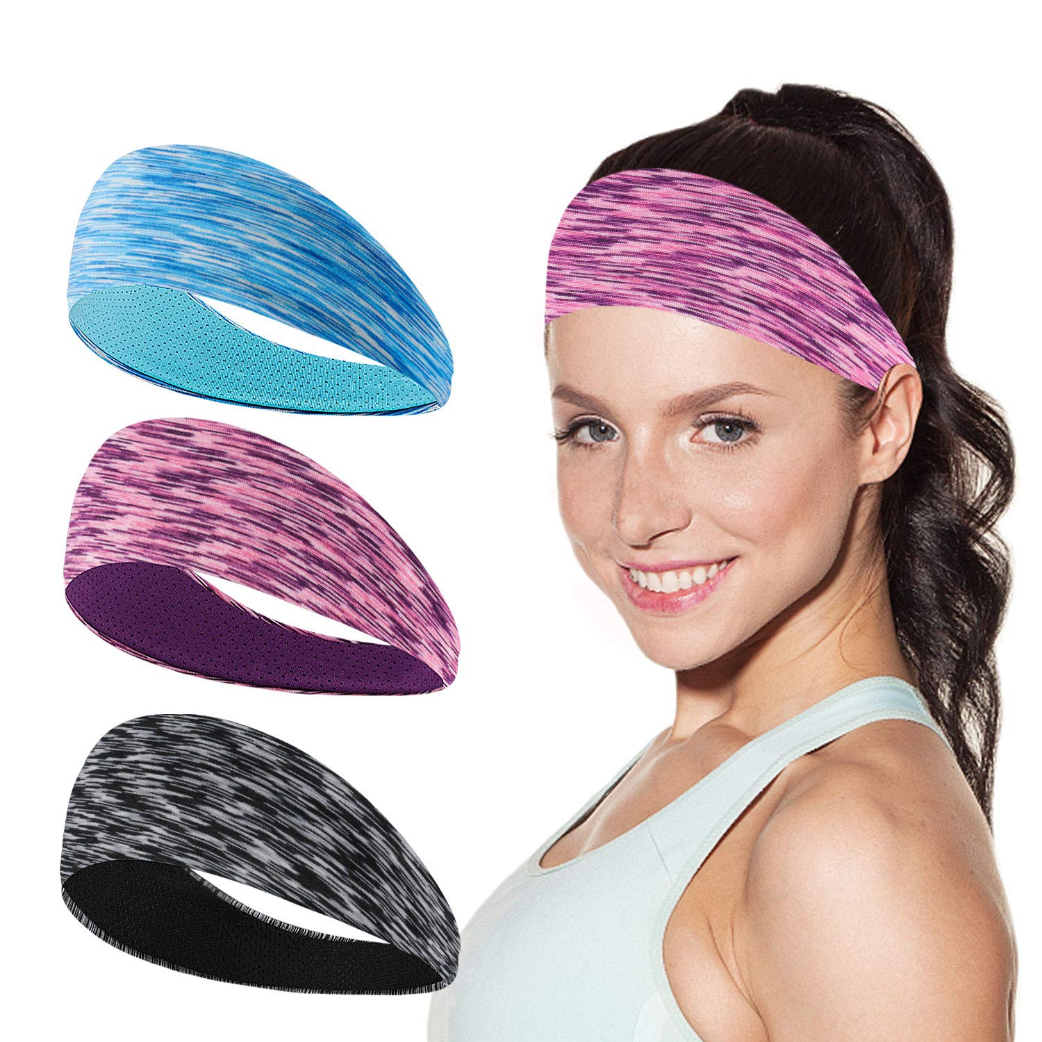 TAGVO 3Packs Sports Headband for Men and Women, Non Slip Elastic Moisture Wicking Lightweight Soft Workout Mens Sweatbands for Sports/Yoga/Pilates/Dancing/Running/Cycling/Fitness Exercise/Travel