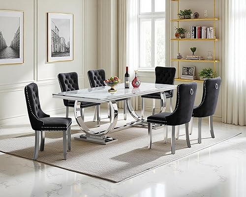 Miniatura 72 de Juego de mesa de comedor de 7 piezas, color blanco y plateado, mesa de cocina moderna de mármol sintético de 68 pulgadas con 6 sillas tapizadas Mesa