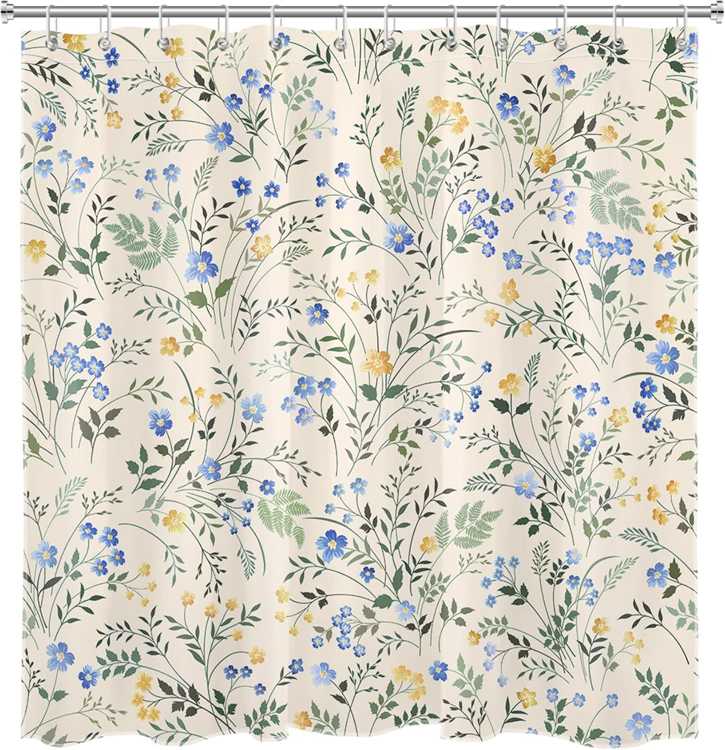 LB Country Wildflower Shower Curtain Decor,Blue and Yellow Floral Green Leaf Plant on Beige Shower Curtain for Bathroom 72X78 inch Polyester Fabric Bathroom Decoration Bath Curtains Hooks Included