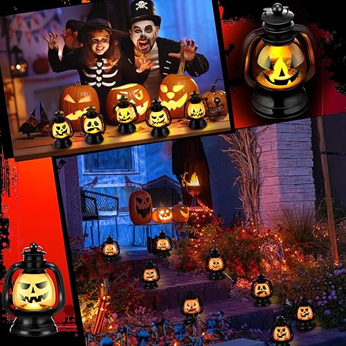 Miniatura 5 de ROCEEI 12 mini faroles de calabaza de Halloween de 3.54 pulgadas, centro de mesa Jack O Lantern, decoración colgante de Halloween, lámpara de luz a
