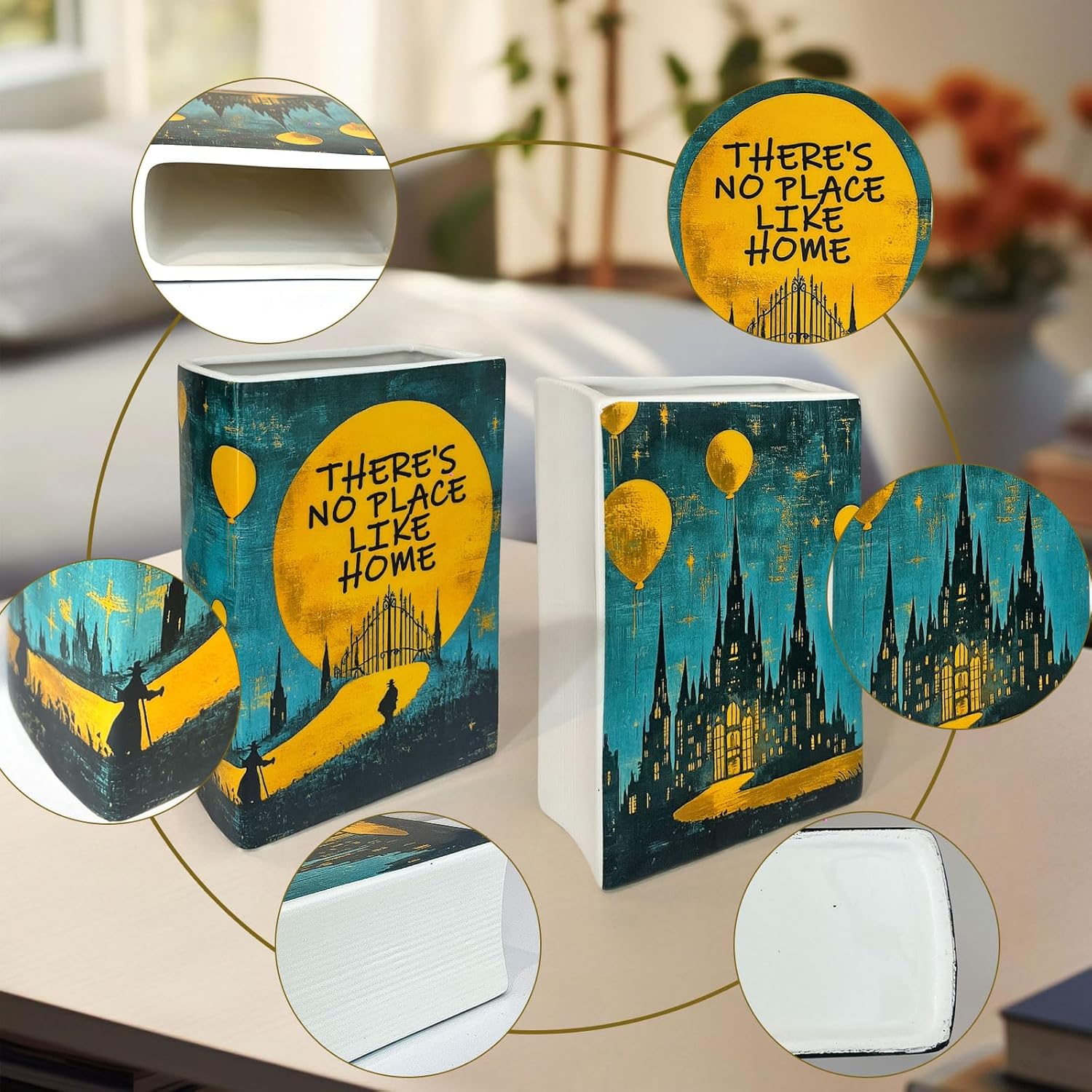 LIFFY Book Vase for Flowers, Ceramic Flower Vase Bookshelf Decor, Unique Book Shape Decration Vase Bookend Gift for Book Lovers(Teal Blue, Wizard of Oz) - Image 3