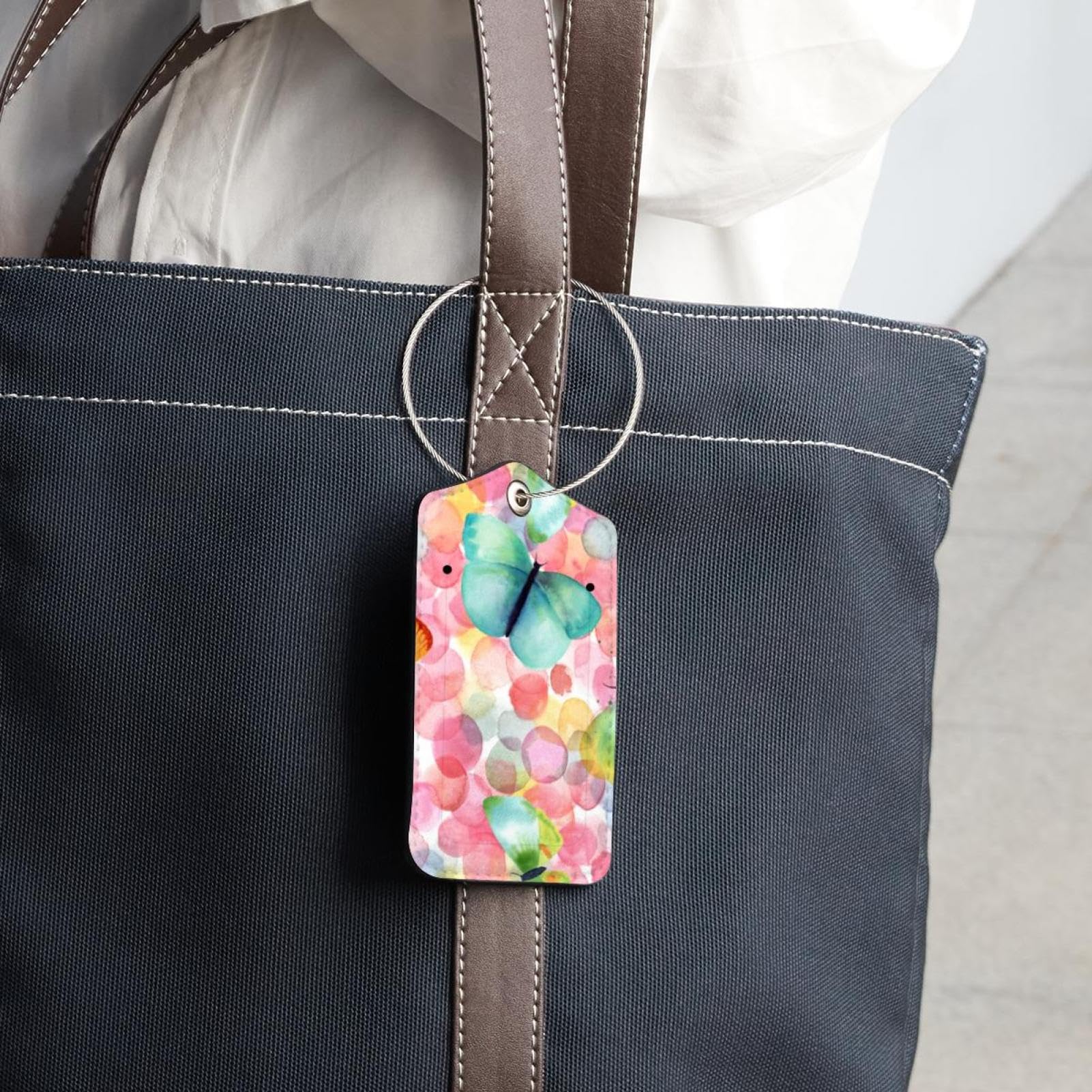 2 Etichette Per Bagagli In Pelle PU Con Farfalle Colorate - Anello In Acciaio Inox, 11,7x6,9 Cm, Identificative Per Valigie - 5